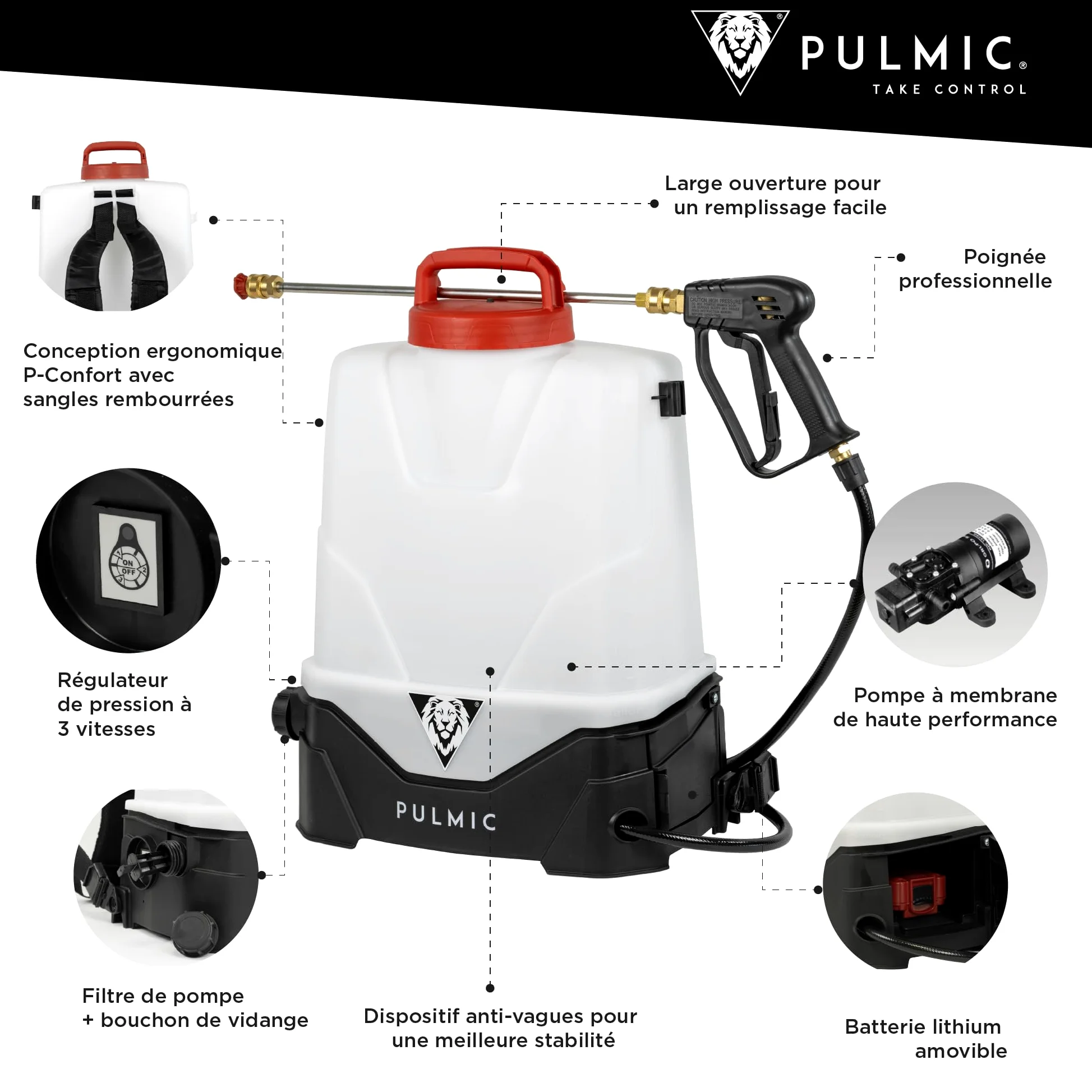 PULMIC Pegasus 15 Pulvérisateur Électrique 15 L, 7 Bars, Batterie Lithium 25Vmax Amovible, Lance INOX, Kit Buses, avec Tuyau Tressé 10 m Extension Flexible pour Nettoyage, Désinfection et Agriculture