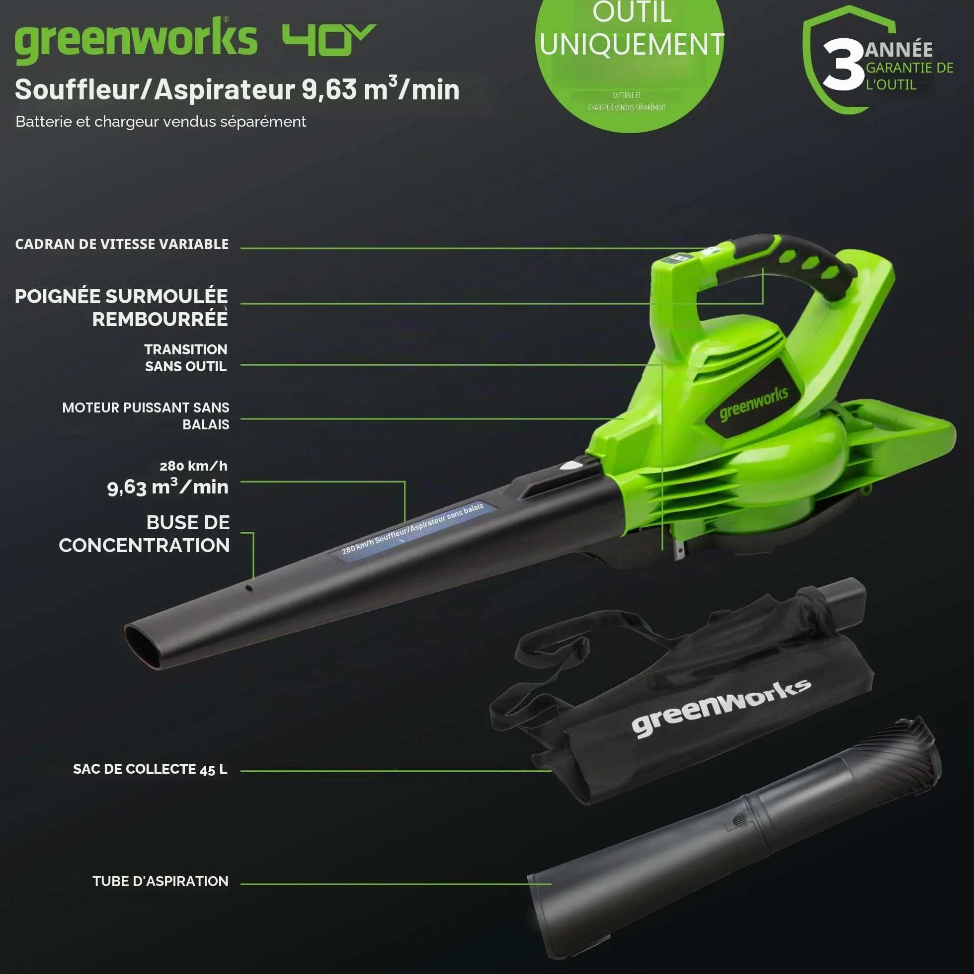 Greenworks GD40BV 40V Aspirateur Souffleur Sans Fil Sans Balais 280 km/h 9,63 m³/min Sac Mulching 45L