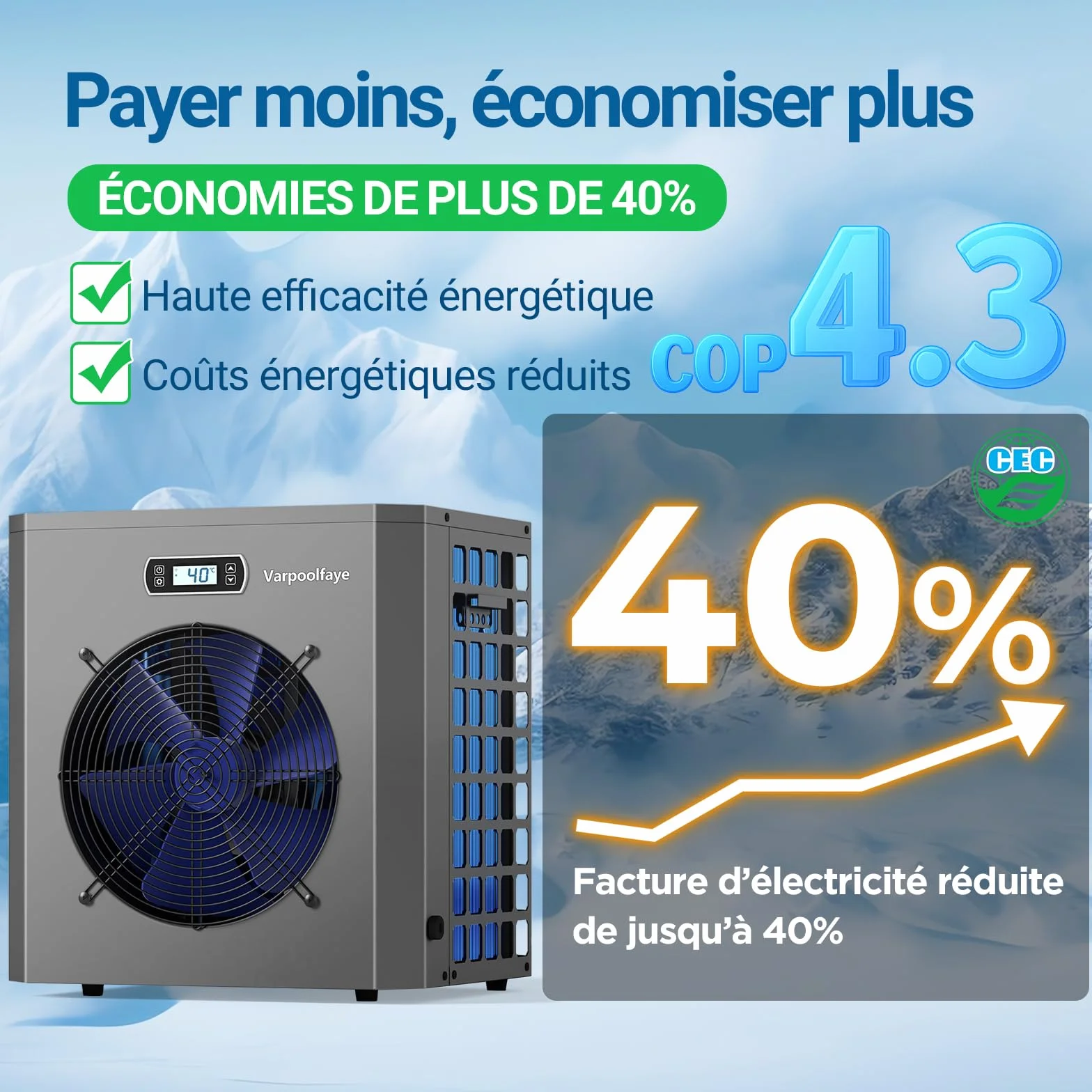 Pompe à chaleur électrique piscine 5 kW 20 m³ contrôle WiFi 220 V 240 V 50 Hz