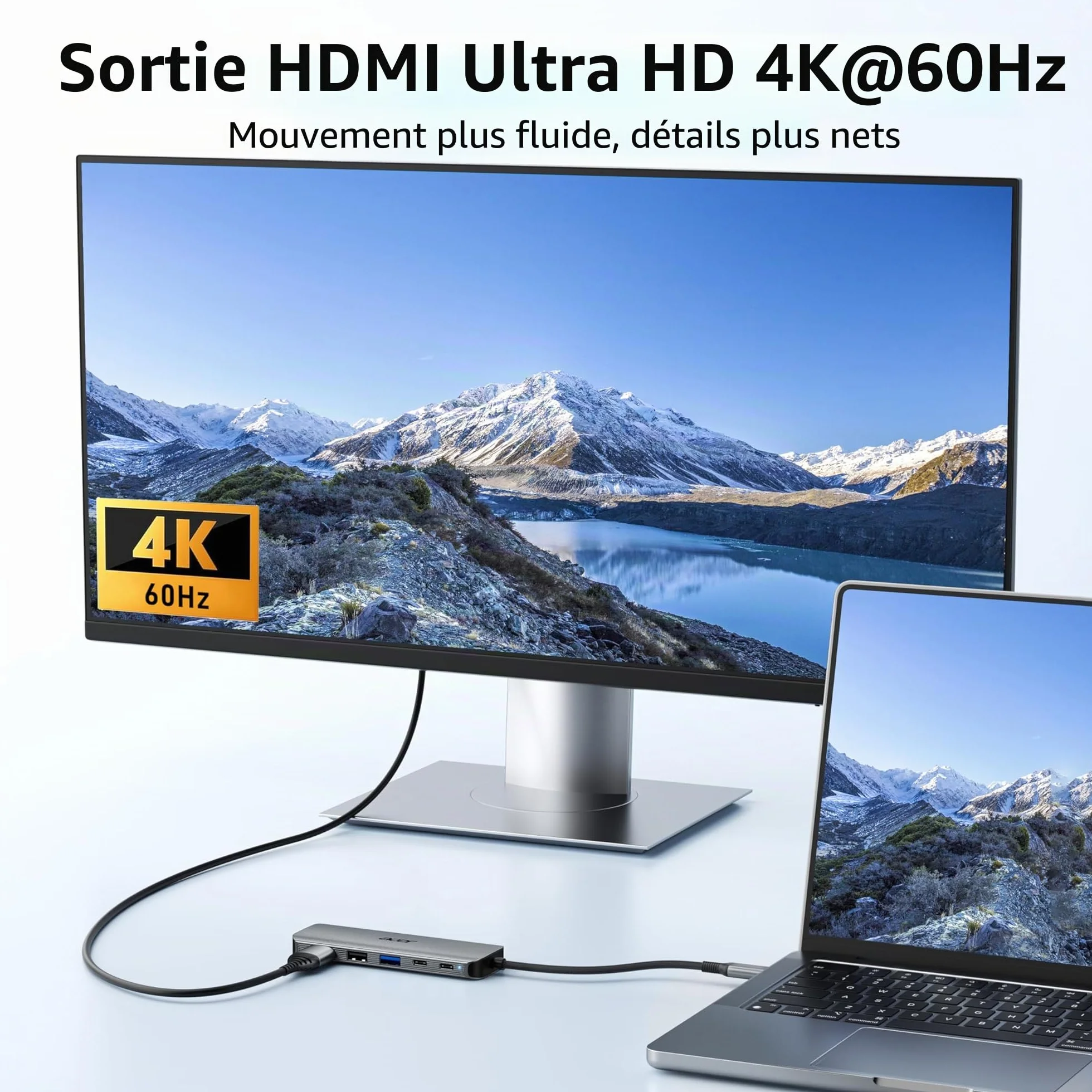 Acer Hub USB C 5 en 1, Adaptateur USB-C vers HDMI 4K@60Hz, USB A/C 5 Gbps, Charge PD 100W, Aluminium+Nylon pour MacBook, iPad Pro/Air