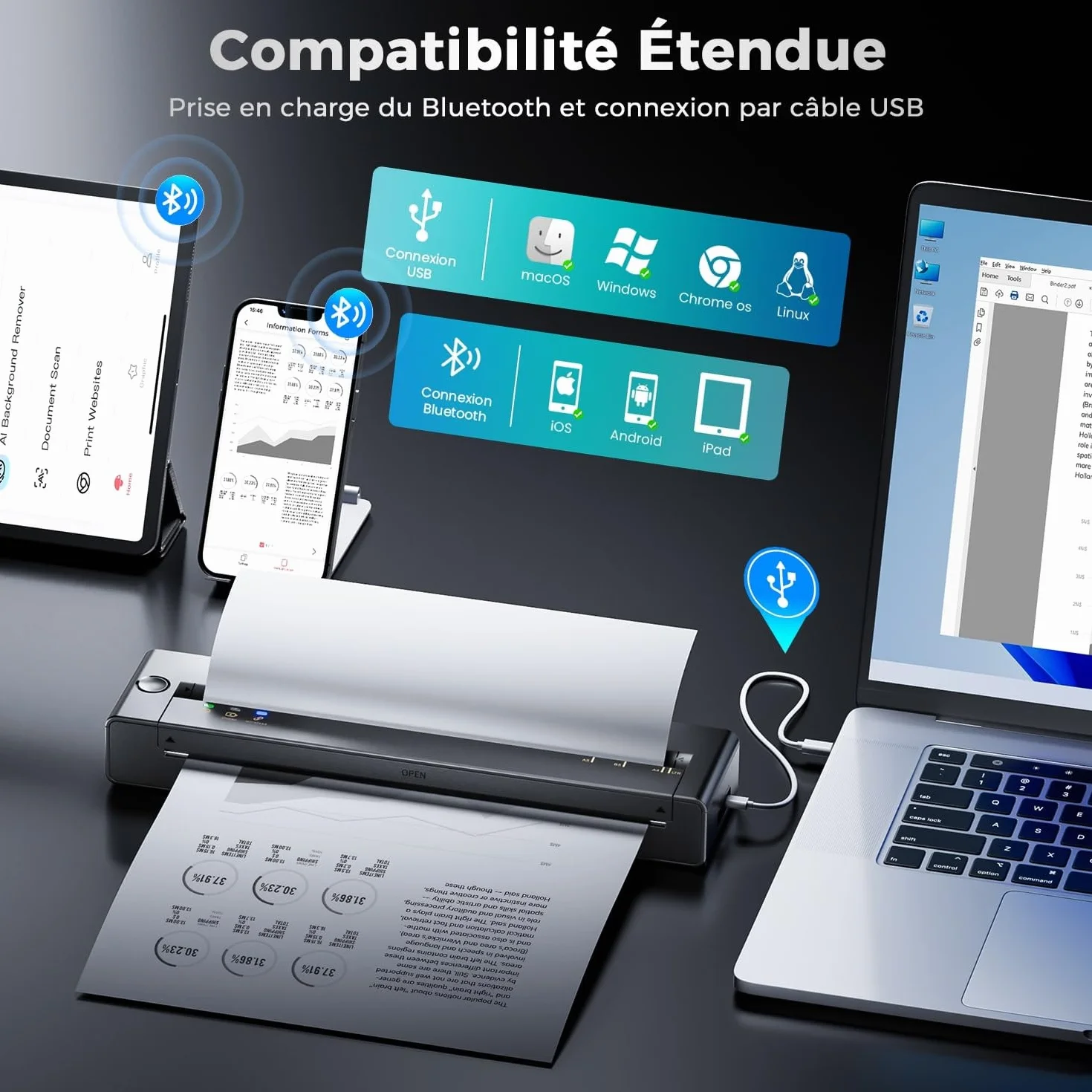 TATTMUSE Imprimante Thermique A4 Portable 585g 300 DPI Batterie 1500mAh