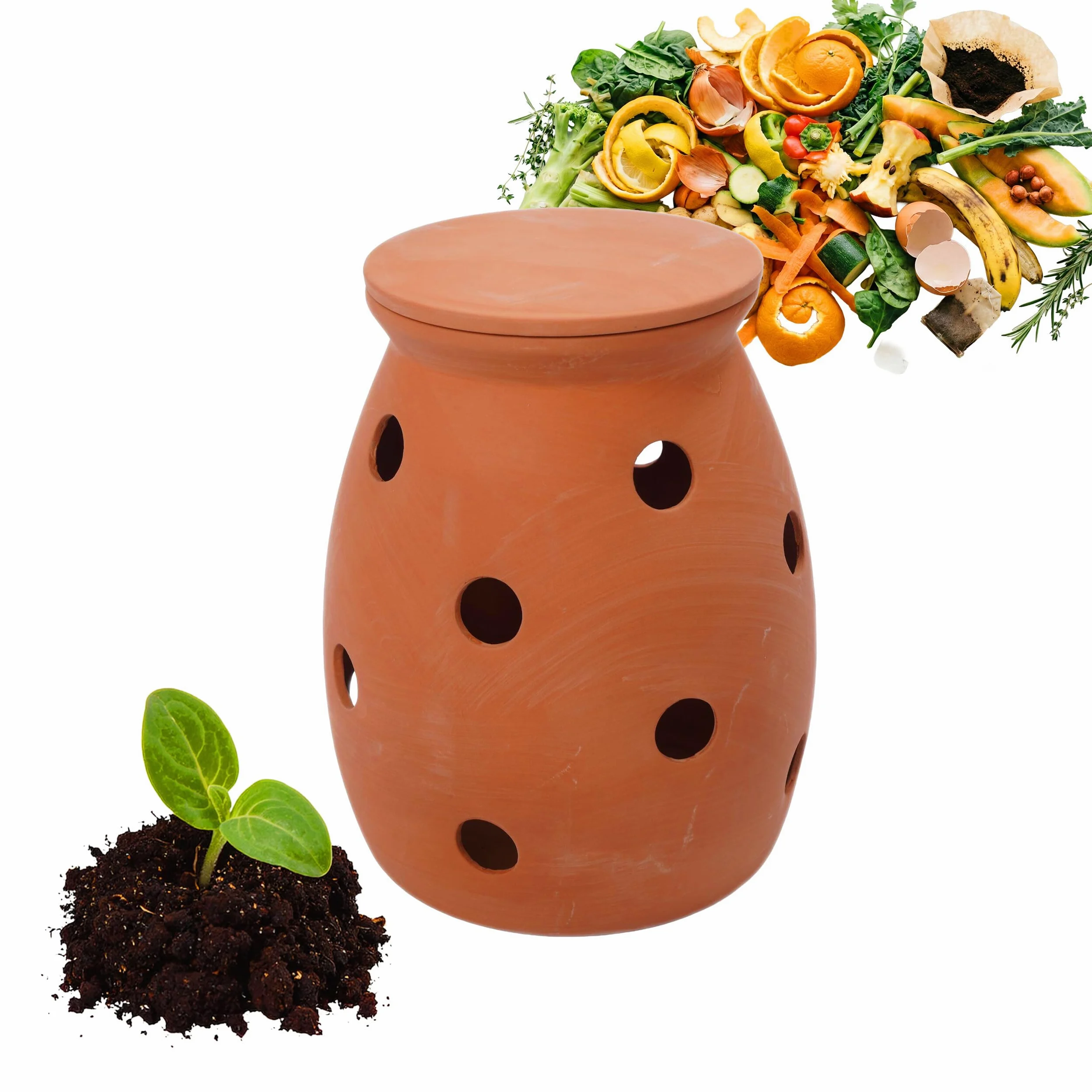 Relaxdays Composteur à vers à enterrer, 5 L, HxØ 26 x 22 cm, Couvercle, Terre Cuite, Jardin & Potager