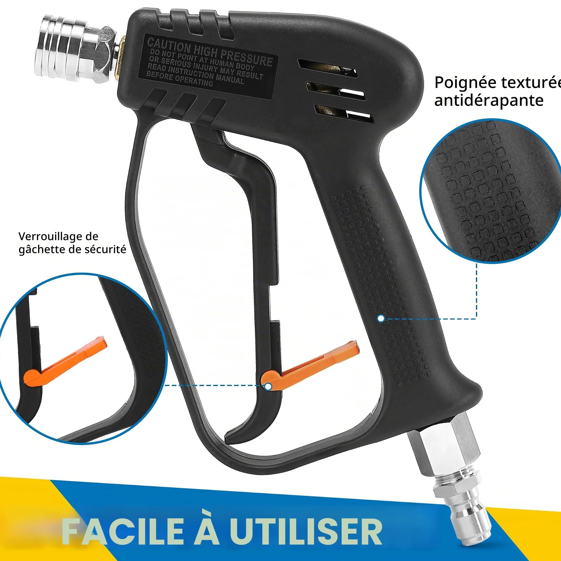 M MINGLE Pistolet pour Nettoyeur Haute Pression, Raccord Pivotant, 280 Bar | Lance Haute Pression Universel avec Raccord Rapide 3/8", Raccords M22 14mm et M22 15mm, avec 5 Buses de Pulvérisation