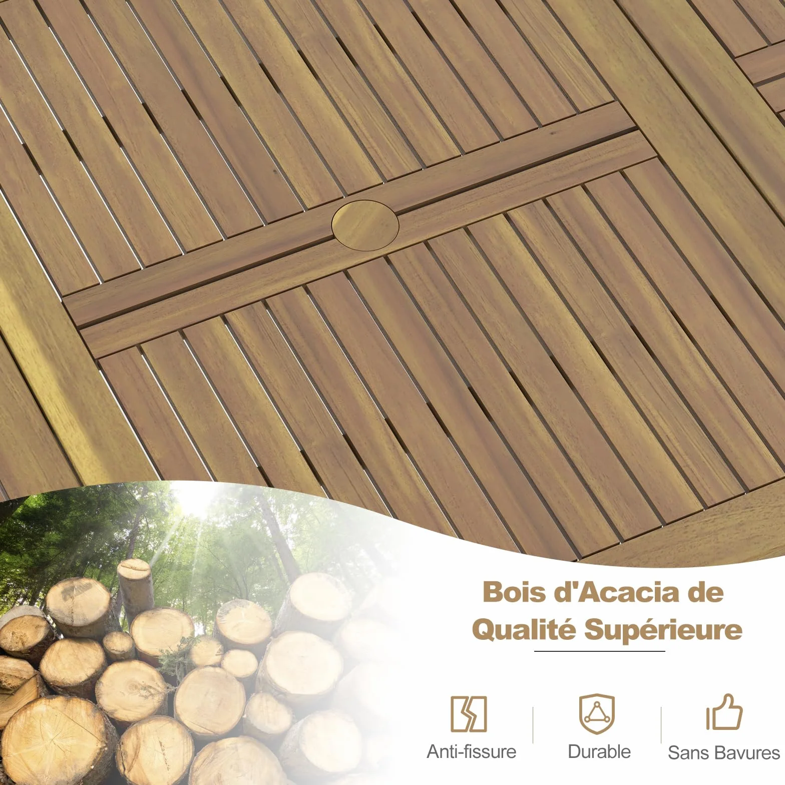 COSTWAY Table de Jardin 200 CM 8 Personnes, Table Exterieur en Bois d’Acacia avec Trou de Parasol, Pieds Métal