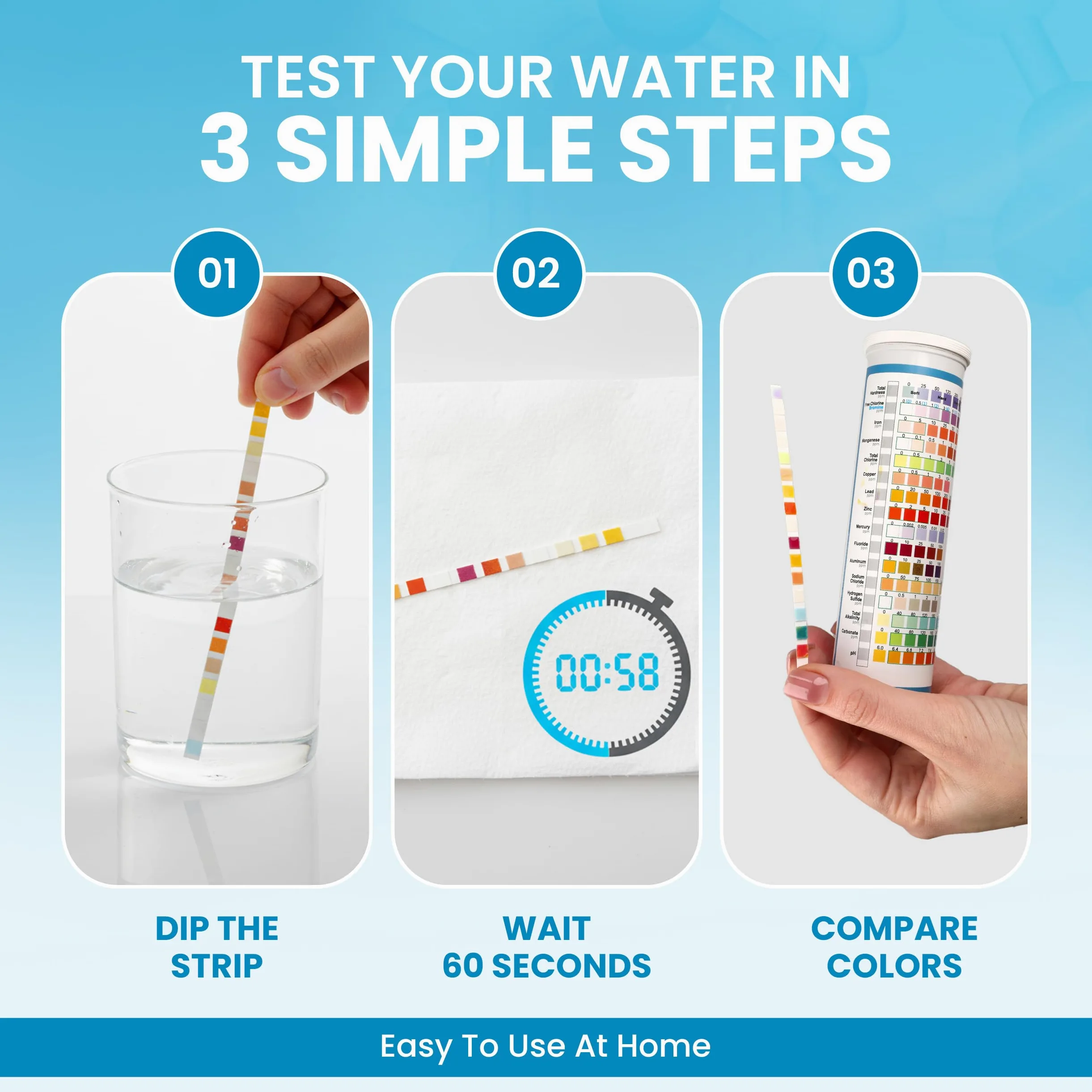 Kit de test d'eau potable 21 en 1 - 120 bandelettes de test d'eau + 2 tests de bactéries. Test de qualité de l'eau du robinet et du puits pour plomb, pH, dureté, chlore, nitrate