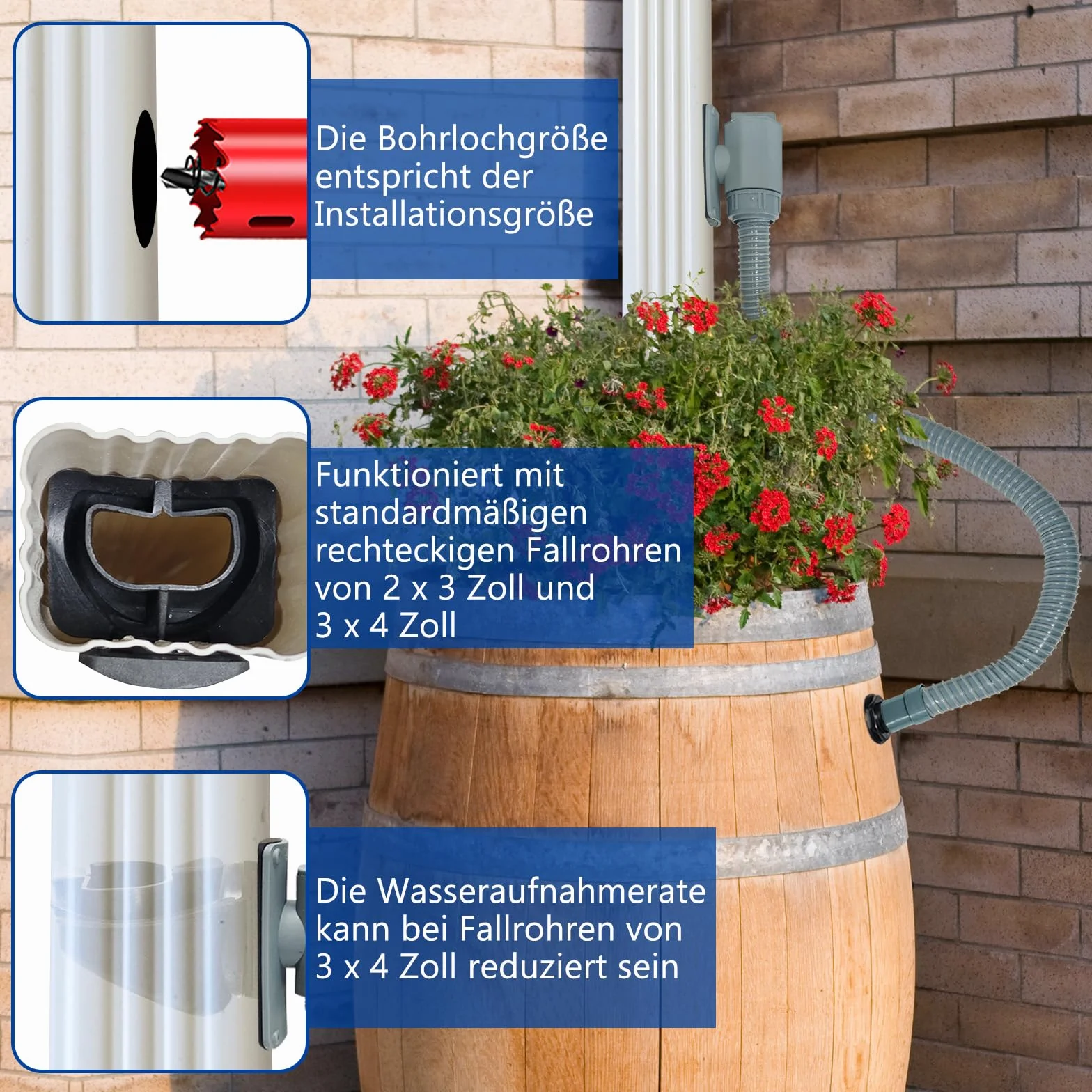 Récupérateur Eau de Pluie Rectangulaire avec Tuyau et Collier de Serrage