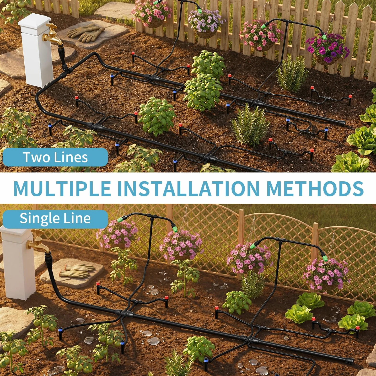 LP Système d'irrigation goutte à goutte, système de brumisation d'arrosage automatique de 60 m avec tubes de distribution de 1,27 cm et 6,35 mm – Buses et arroseurs réglables pour serre de jardin