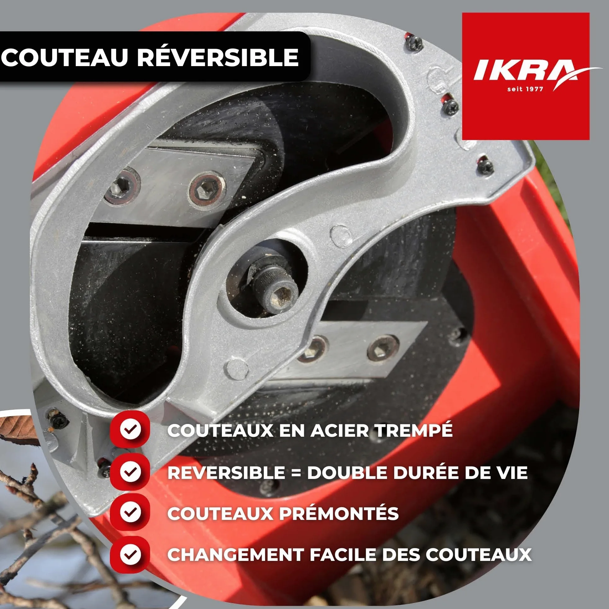 IKRA broyeur électrique IMH 2500, avec lame de rechange et lunettes | Sac de ramassage de 45 l, moteur haute performance, 2500 W, lames réversibles durables, idéal pour la production de paillis