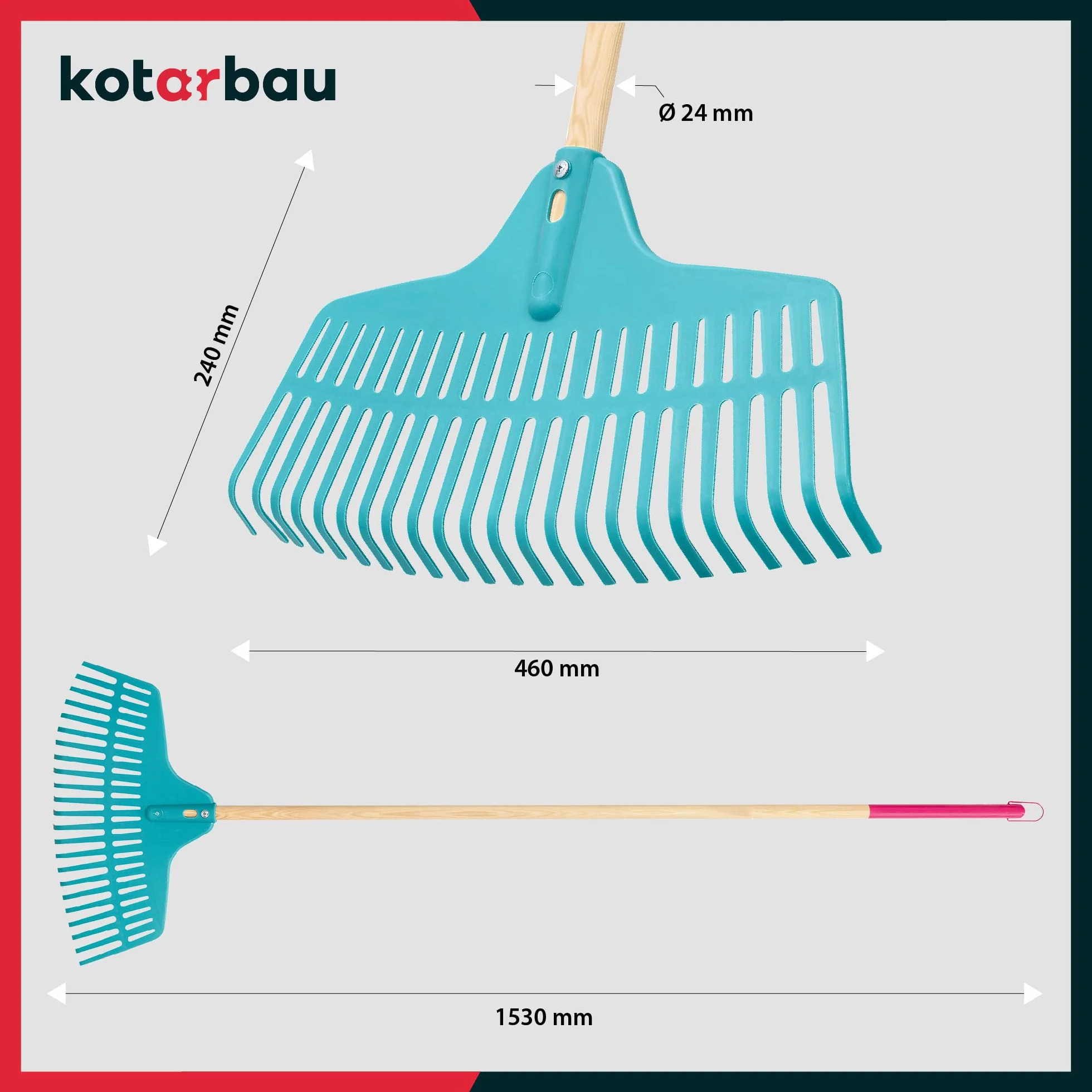 KOTARBAU® Rateau a Feuille - Plastique - 46 cm - avec Manche en Bois - 23 Dents - Rateau Jardin - Ramasse Feuille - Balai Gazon - Turquoise
