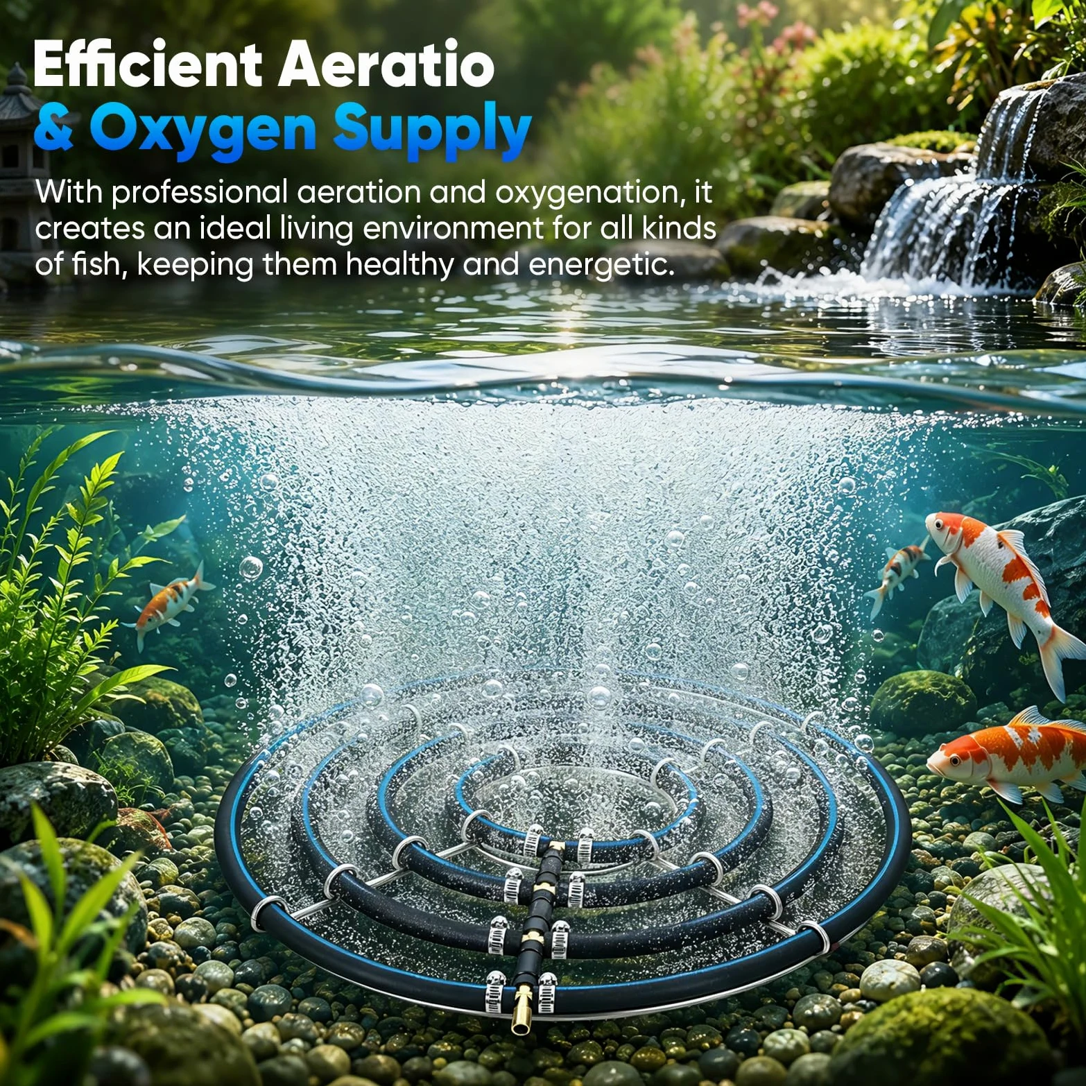 Aérateur bassin φ45cm, Anneau d'aération en acier inoxydable avec 5m tuyau | Diffuseu pour bassins à carpes koï, Conception à 4 boucles, diamètre 8mm tube, Oxygénation bassin pour bassins jardin