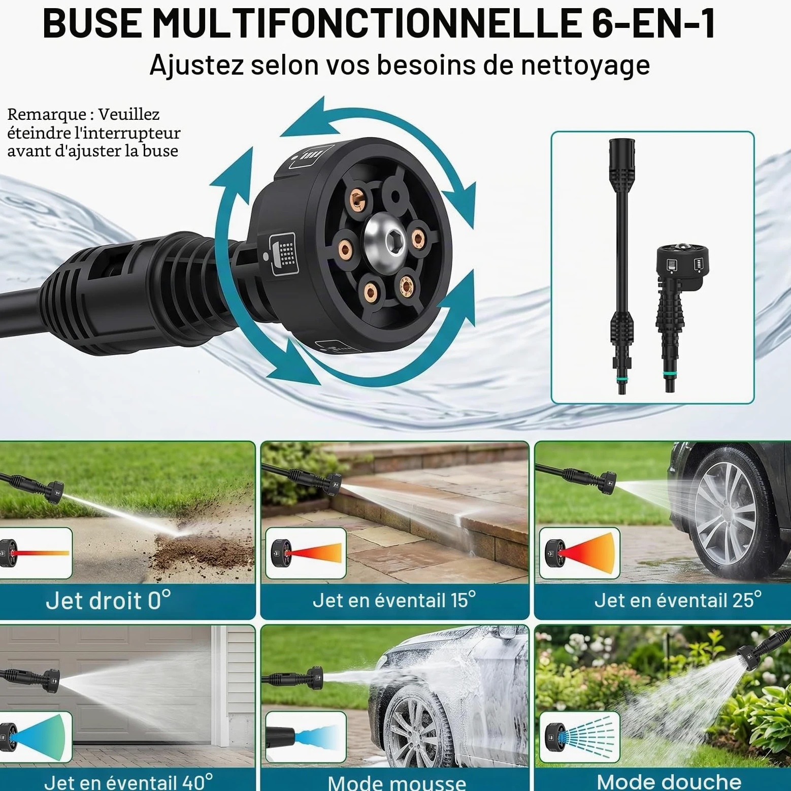 Nettoyeur Haute Pression sans Fil 125 Bar, Moteur sans Balais 1500W & Écran LCD, avec 2X 21V 4.0Ah Batteries, 4 Niveaux de Pressio, 600 L/h, Buse 6-en-1 & Tuyau 5m pour Voiture et Jardin
