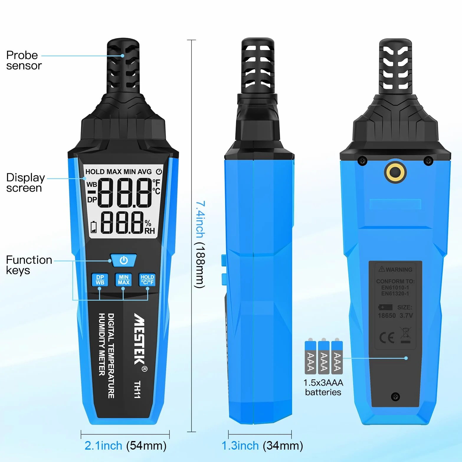 MESTEK Thermomètre Hygromètre Intérieur Extérieur, Thermo-Hygromètre Digital, Multifonctionnel à Haute Précision, pour Température/Humidité Ambiante, Température du Point de Rosée et Bulbe Humide