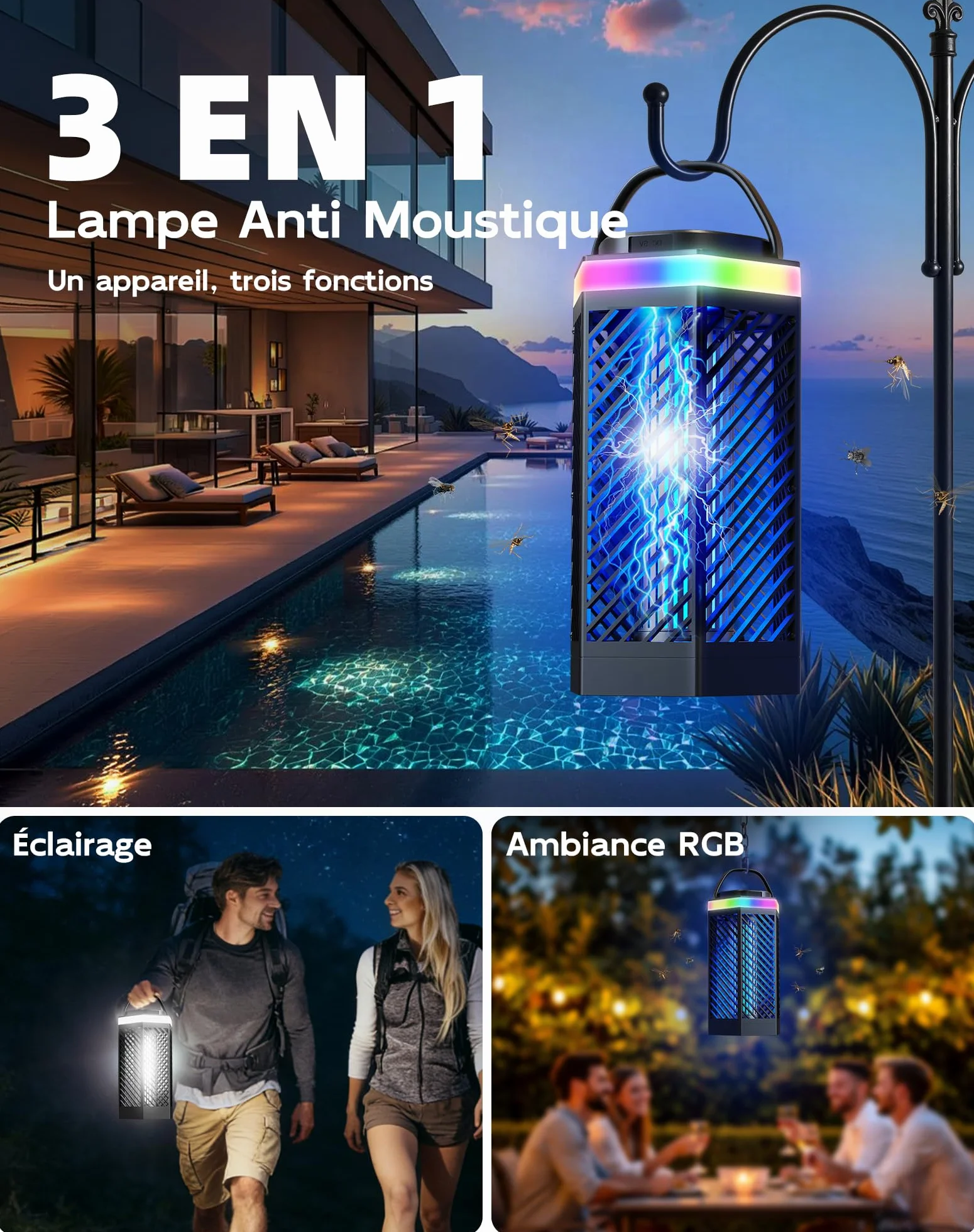 Lampe Anti-Moustique Rechargeable Tue Mouche Électrique LED 8000mAh IPX4 Destructeur d'Insectes
