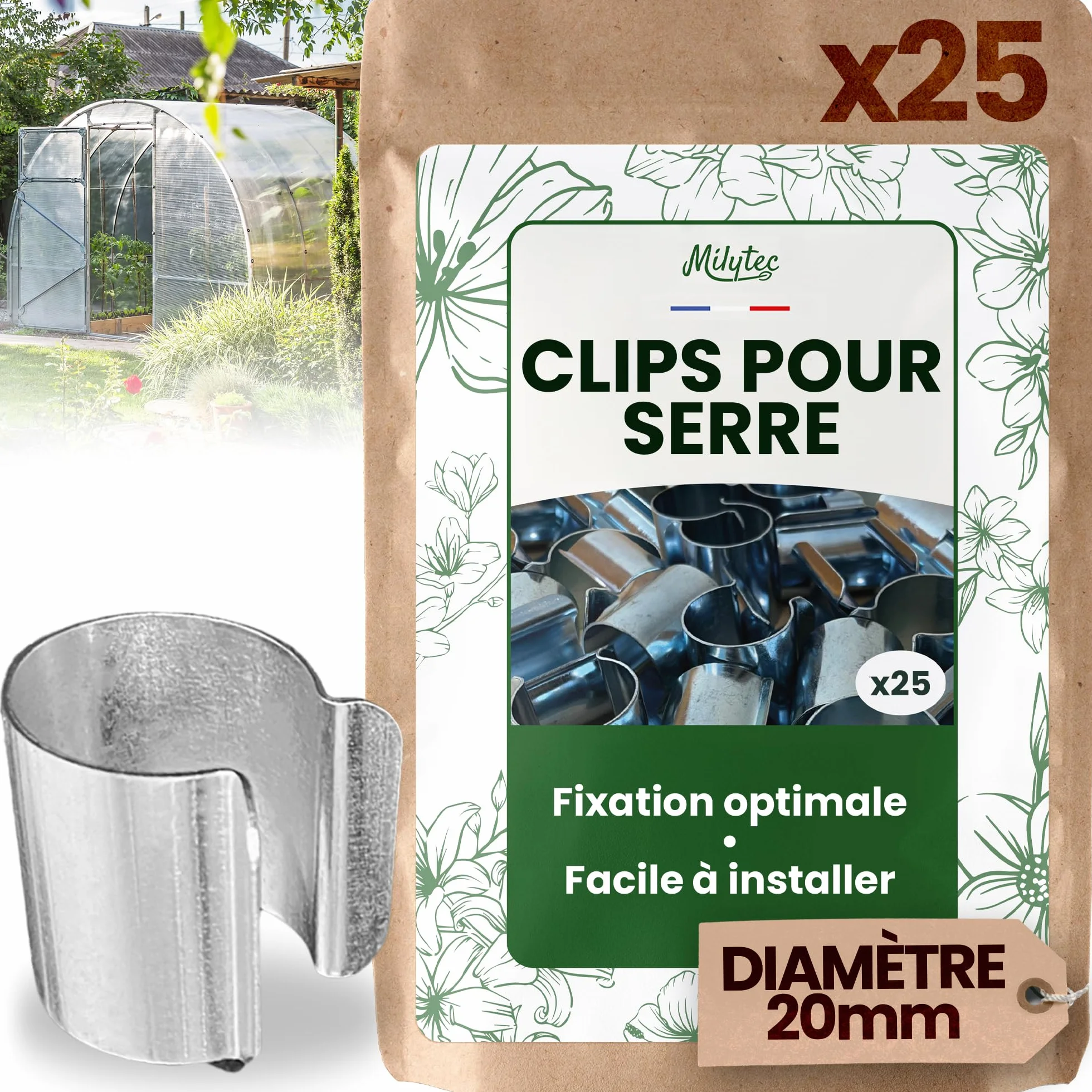 Clips pour Serre Acier galvanisé Diamètre 20mm Lot de 25
