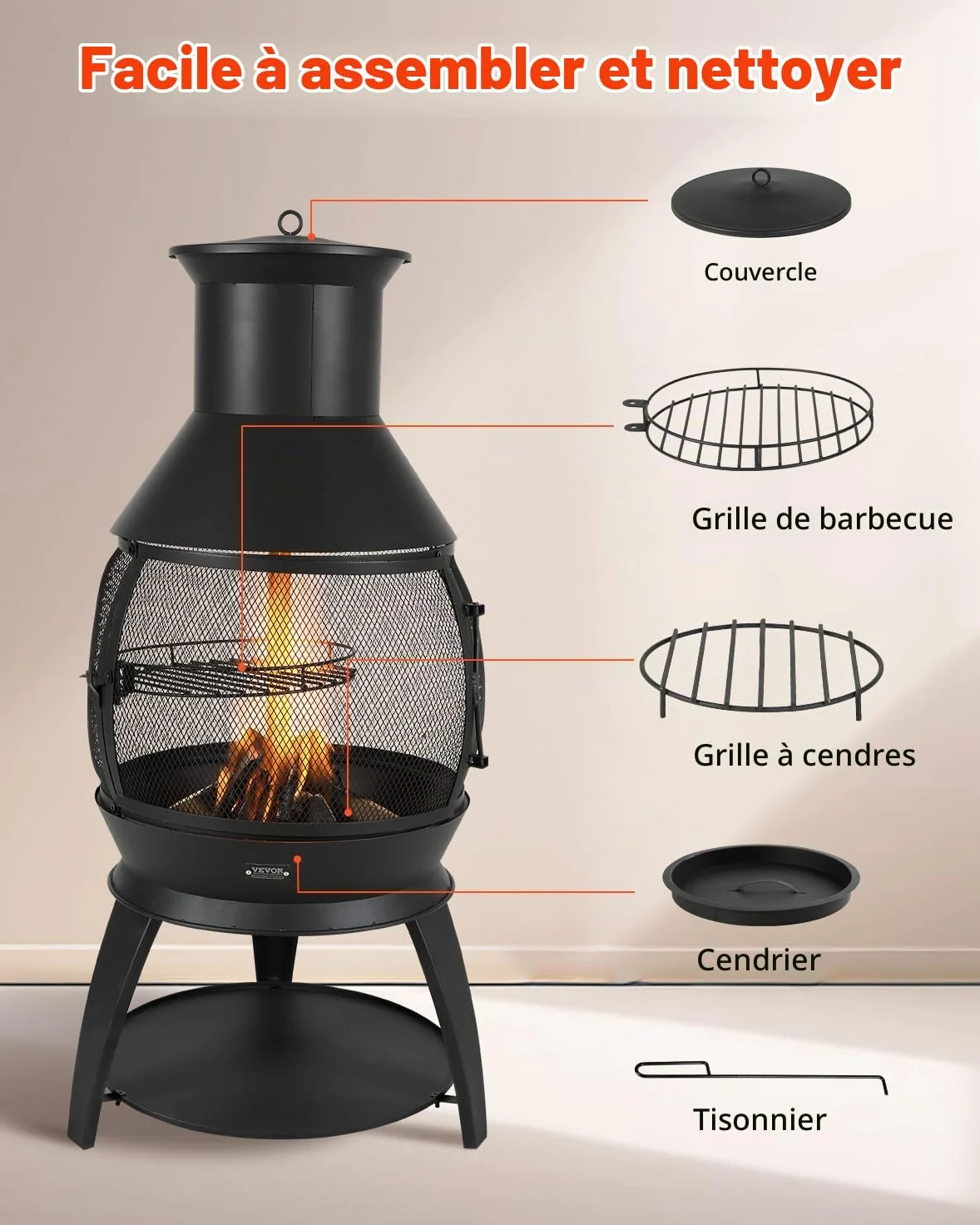 VEVOR Cheminée Extérieur, 559 mm, Poêle à Bois Sphérique en Fer Robuste pour Barbecue et Réchauffer, avec Grille, Couvercle de Cheminée Antirouille, pour Patio, Jardin, Arrière-Cour, en Plein Air