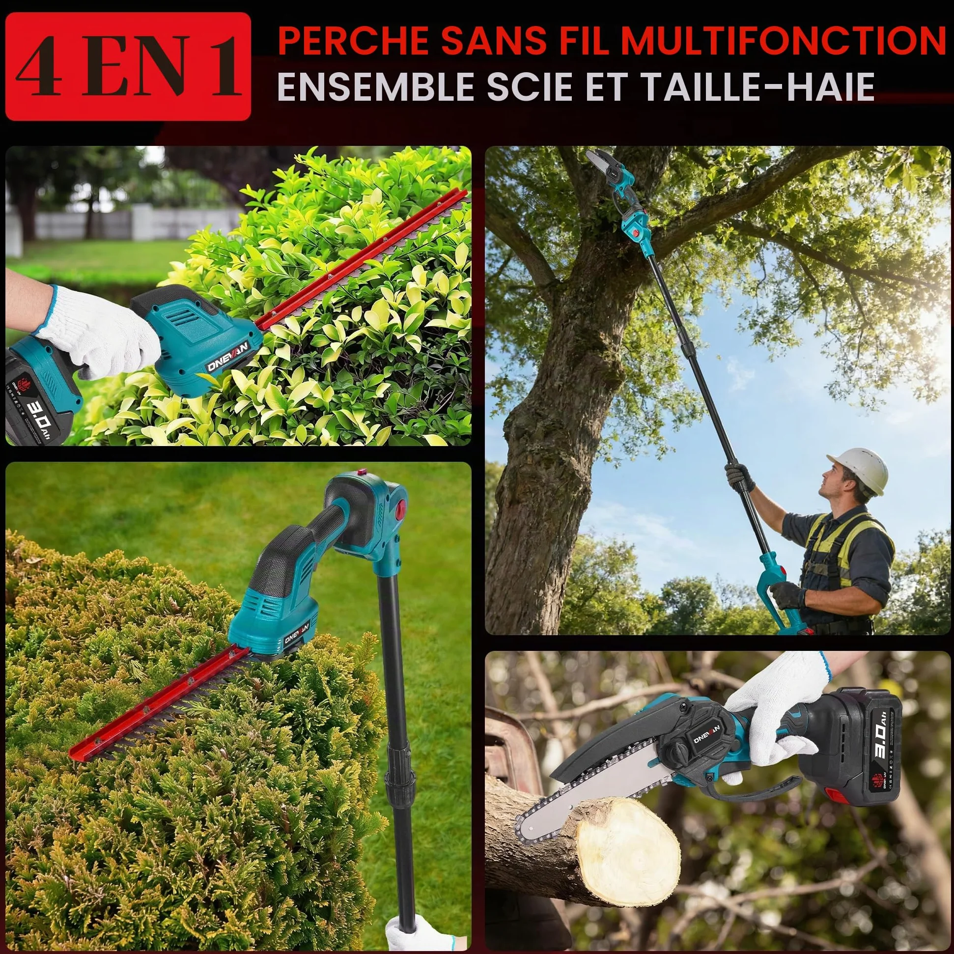 ONEVAN Taille-haie Télescopique & Tronconneuse Sans Fil, Orientable 180° | 2 batteries 3,0Ah, perche télescopique 2,25m, tronçonneuse de 6" et taille-haie 30cm, brushless, pour l'élagage en hauteur