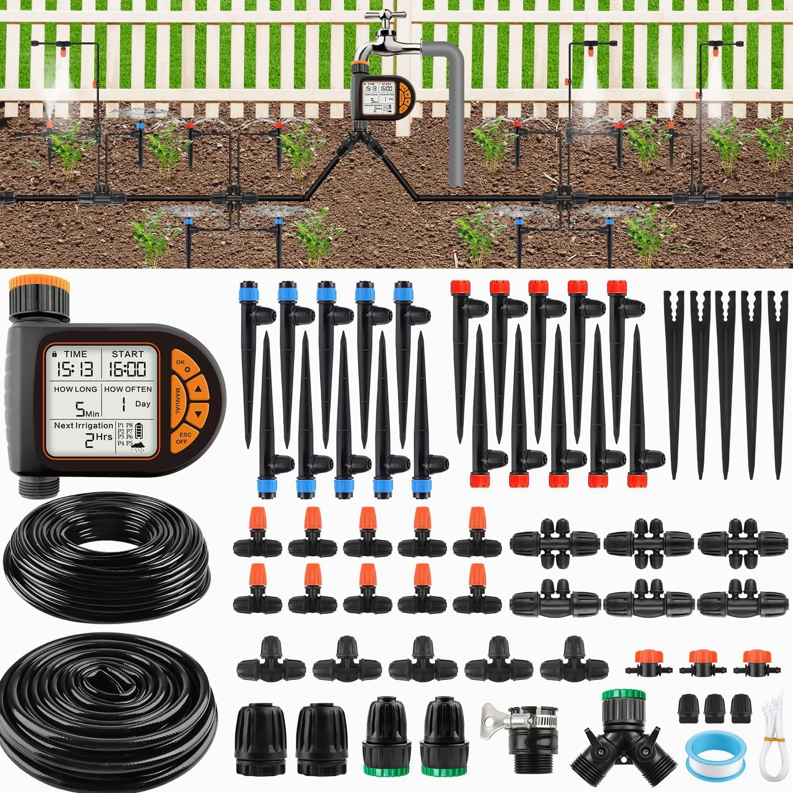 Kalolary 207 Pieds Kit d'Arrosage Goutte Automatique avec Minuterie | 1/4" 1/2" Système d'Arrosage Jardin Réglable avec Tuyaux 4/7 mm 16 mm Système d'Arrosage Automatique Micro Goutte Serre