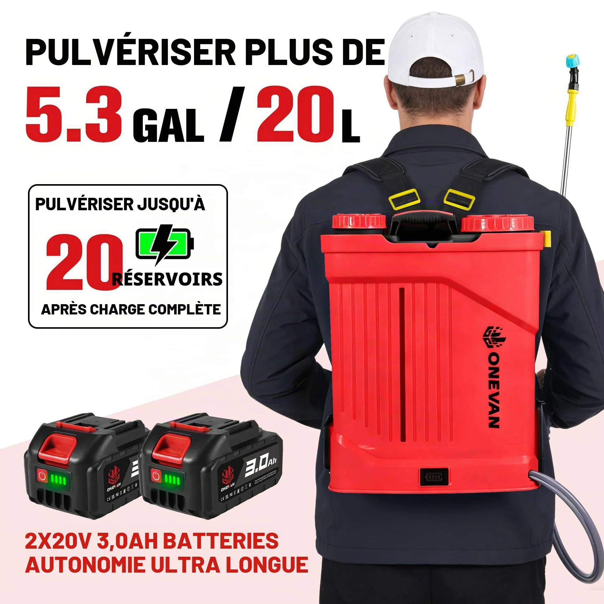 ONEVAN Pulvérisateur Électrique 20L Fonction Agitateur 5 Buses & 2 Batterie | 0-100 PSI Réglable, lance télescopique jusqu'à 41", 20 réservoirs, 5 buses, système de mélange intégré pour plus d'efficacité