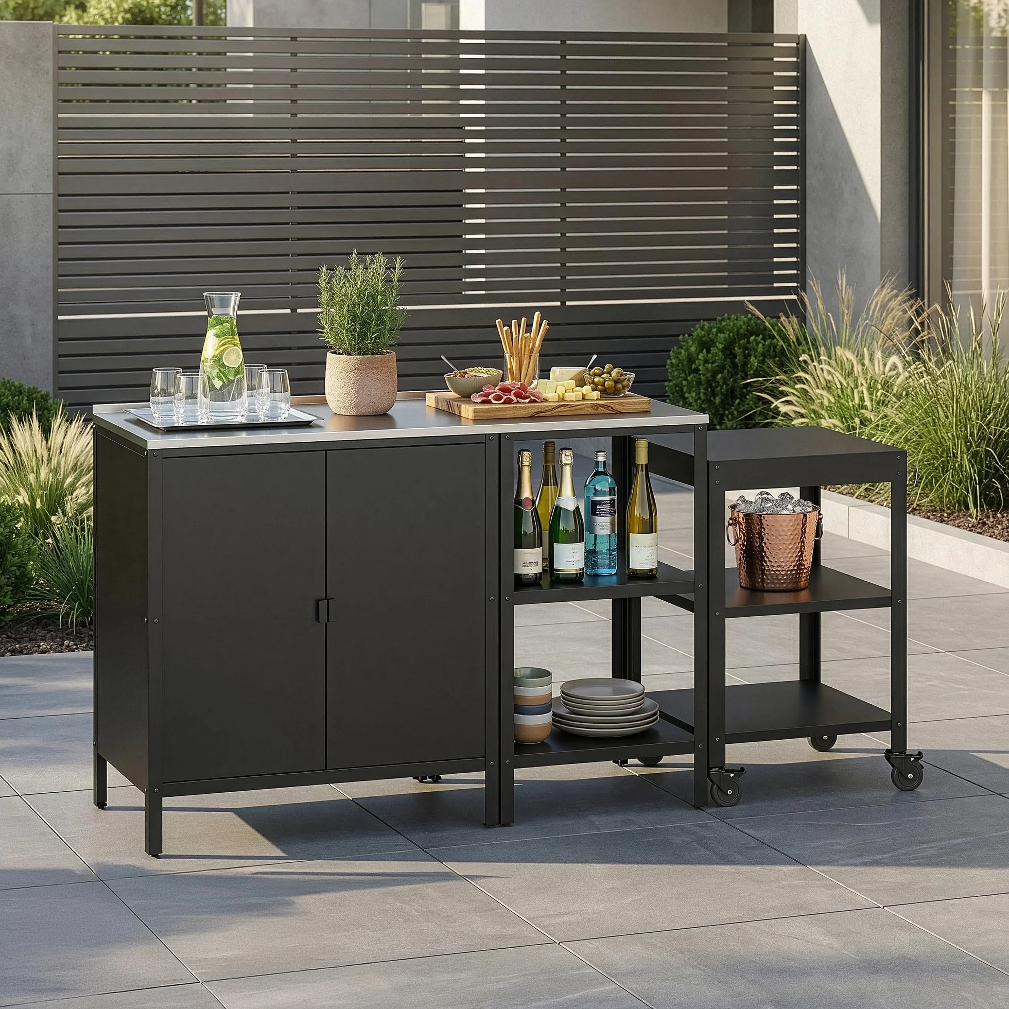 Ensemble de 3 Meubles Outdoor Bolognano Armoire d'Extérieur Chariot Barbecue Acier Noir Mat