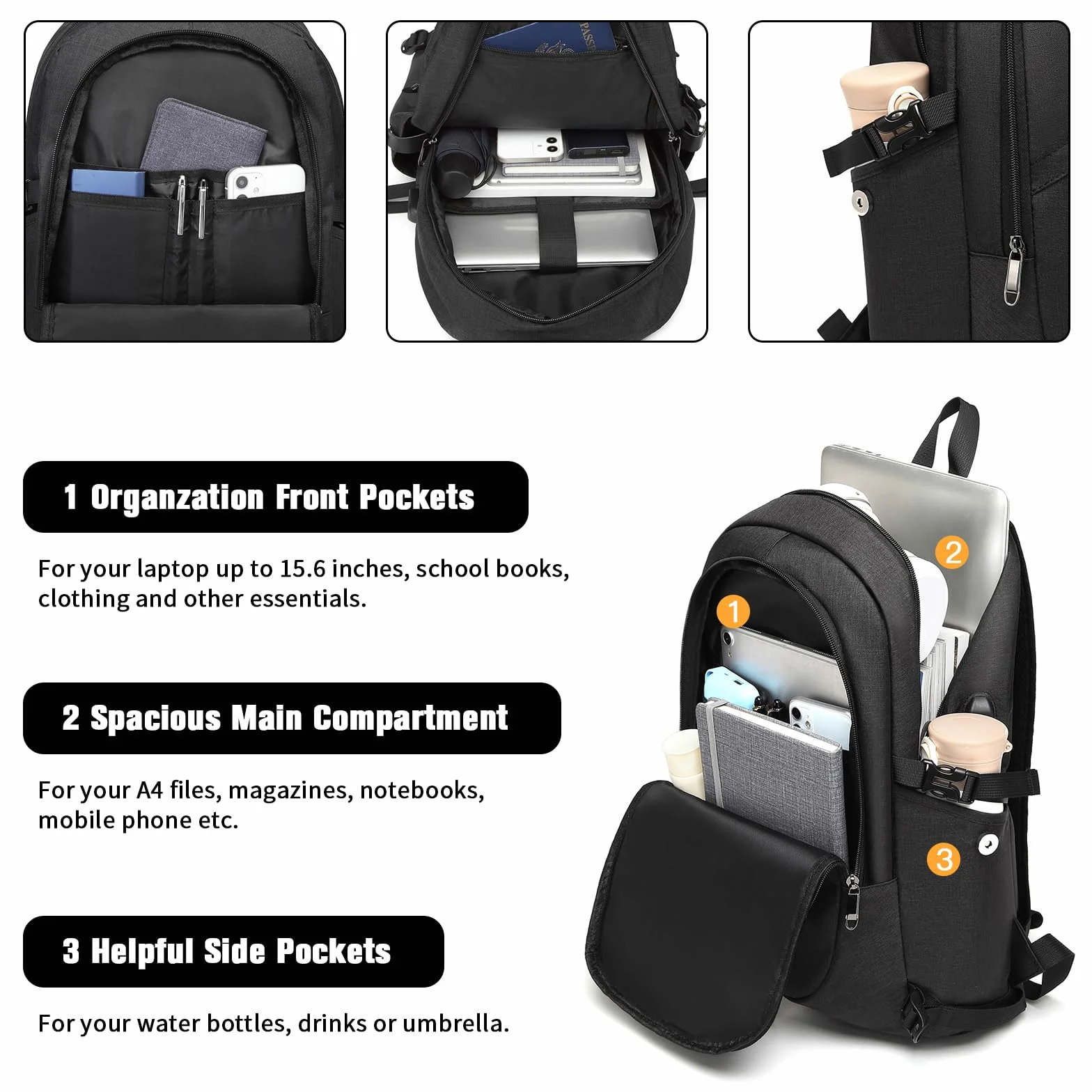 Sac à Dos Ordinateur Portable 15.6 Pouces Antivol avec Cadenas et Port USB, Imperméable Voyage Travail Vélotaf Scolaire Homme Femme Noir
