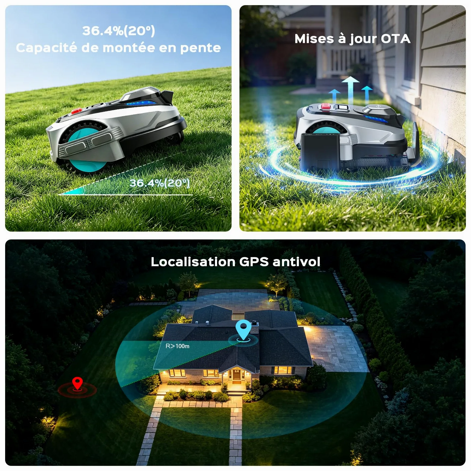 YARDCARE N1600PRO Robot Tondeuse sans câble périphérique, jusqu'à 1600 m², Navigation RTK et Vision IA, détection de Plus de 300 Obstacles, Tonte en U, APP Gestion Multi-Zones et Hauteur 20–60 mm