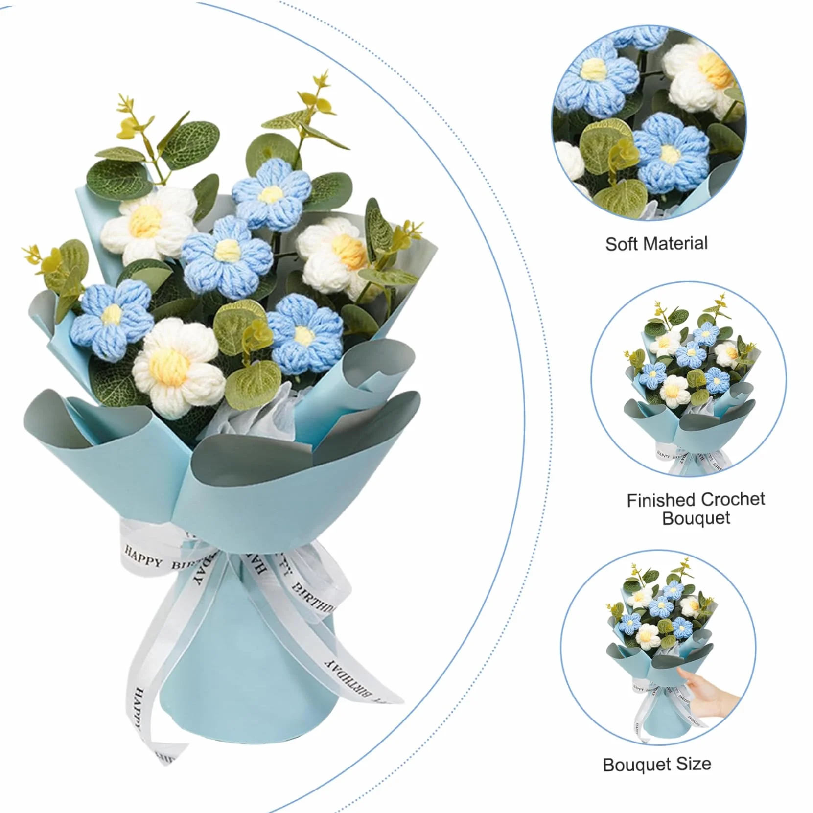 Bouquet de Fleurs au Crochet Bleu 9x13 - Fleurs Artificielles Décoration Intérieure
