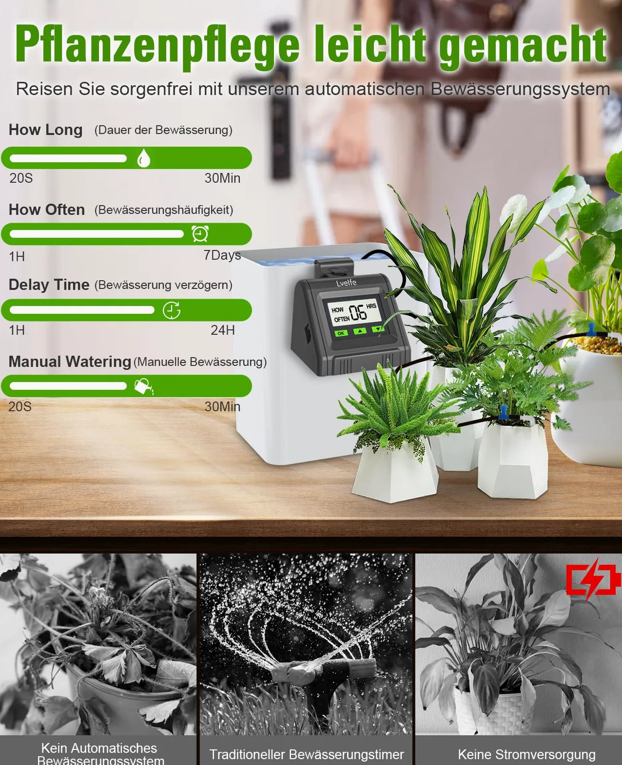 Lvelfe Système d'arrosage automatique, Kit d'irrigation goutte à goutte automatique, affichage LED et alimentation USB, système d'irrigation d'intérieur pour plantes en pot