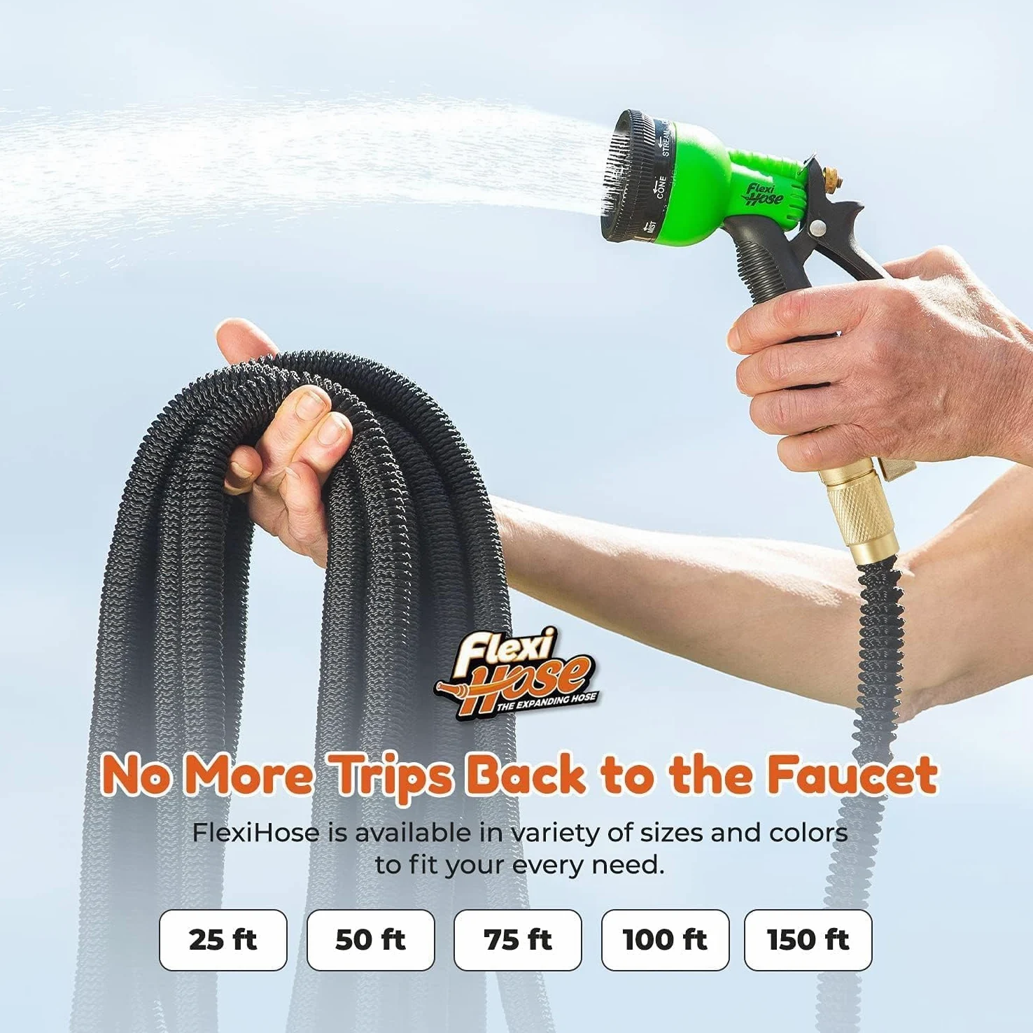 Flexi Hose Avec buse 8 fonctions, 15,2 m – Tuyau d'arrosage extensible léger, flexible sans nœud, raccords en laiton massif de 1,9 cm et double noyau en latex