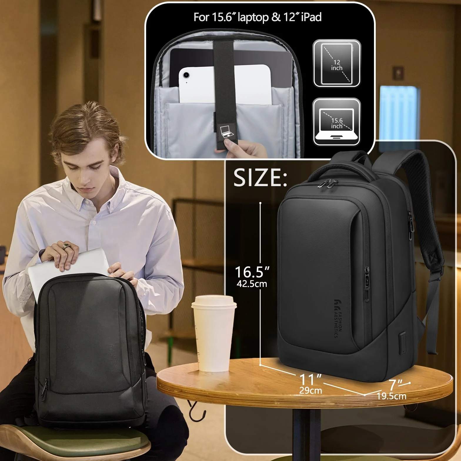 Sac à dos Ordinateur Portable Double Port USB Impermeable Antivol Multifonction Homme Travail Voyage