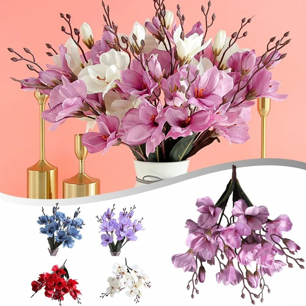 Bouquet de magnolia artificiel 5 broches 20 têtes blanc réaliste