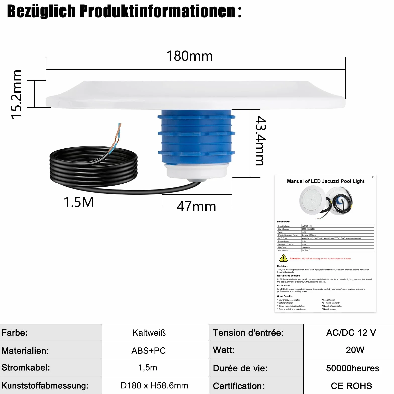 Projecteur LED Piscine Par56 20W IP68 12V 5500-6500K Blanc Froid