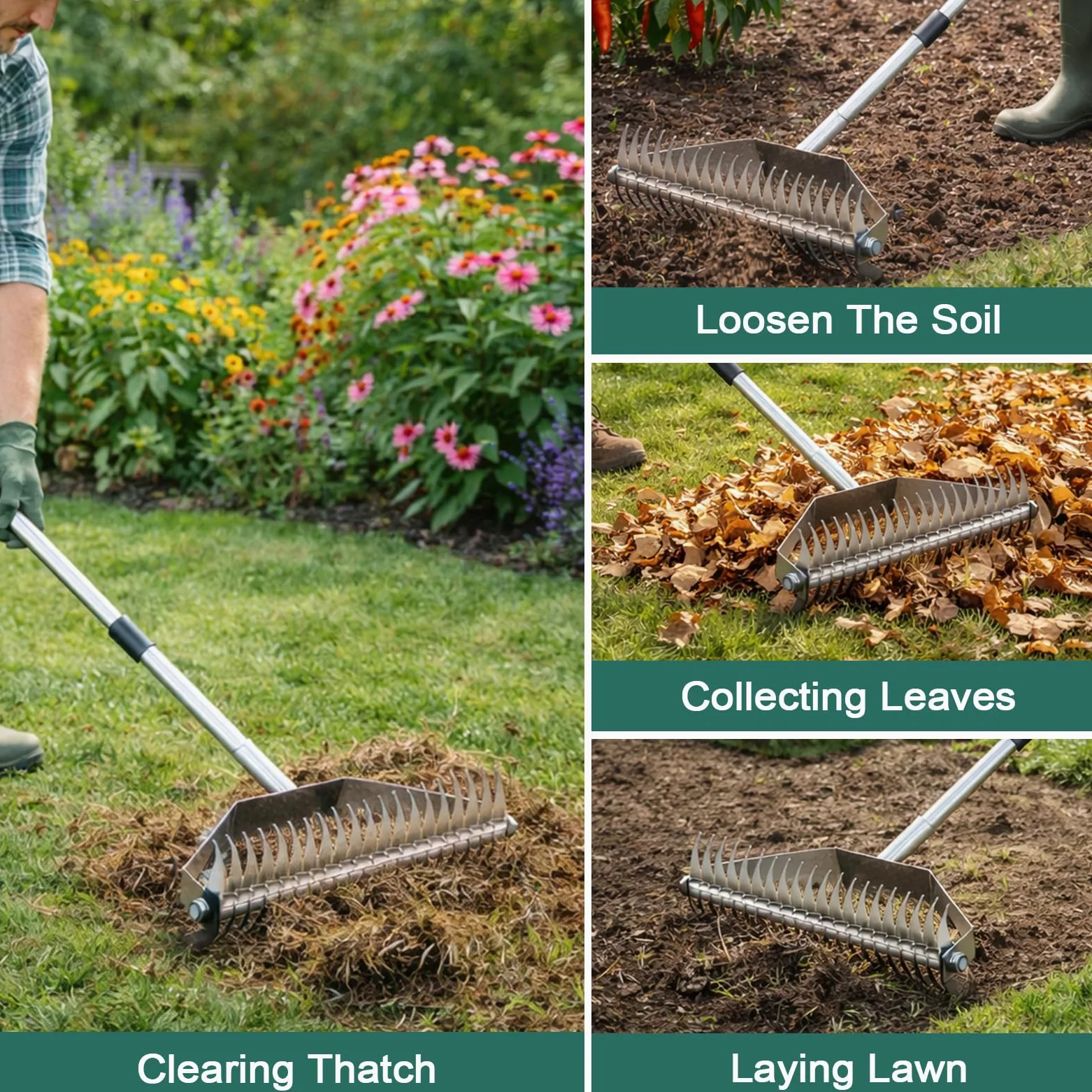 Scarificateur à Gazon Manuel 39,5 cm – Râteau Scarificateur Large avec Manche Ajustable 167 cm, Acier Inoxydable, pour Enlever Mousse, Gazon Mort, Feuilles & Débris