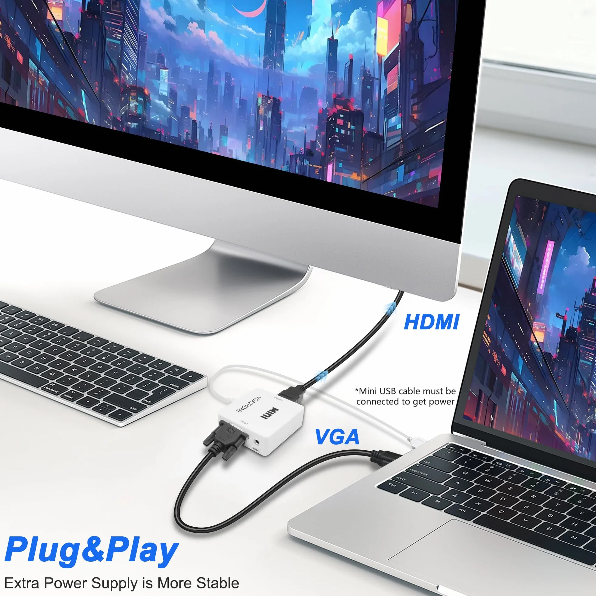 Convertisseur VGA vers HDMI 1080p avec port audio 3,5 mm pour PC, ordinateur portable, projecteur (blanc)