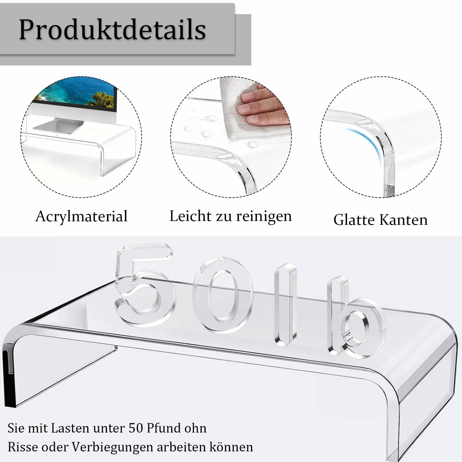 Support D'écran Acrylique Transparent, Rehausseur Ecran PC Bureau, pour Ordinateur Portable, 36 x 19 x 10 cm