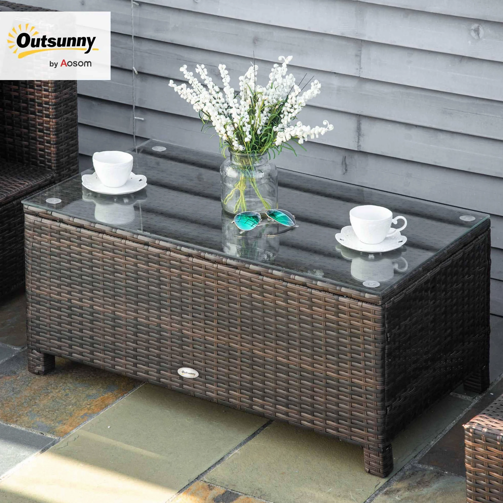 Table Basse de Jardin Outsunny Verre trempé 5 mm rotin tressé 85 x 50 x 39cm 50 kg Marron
