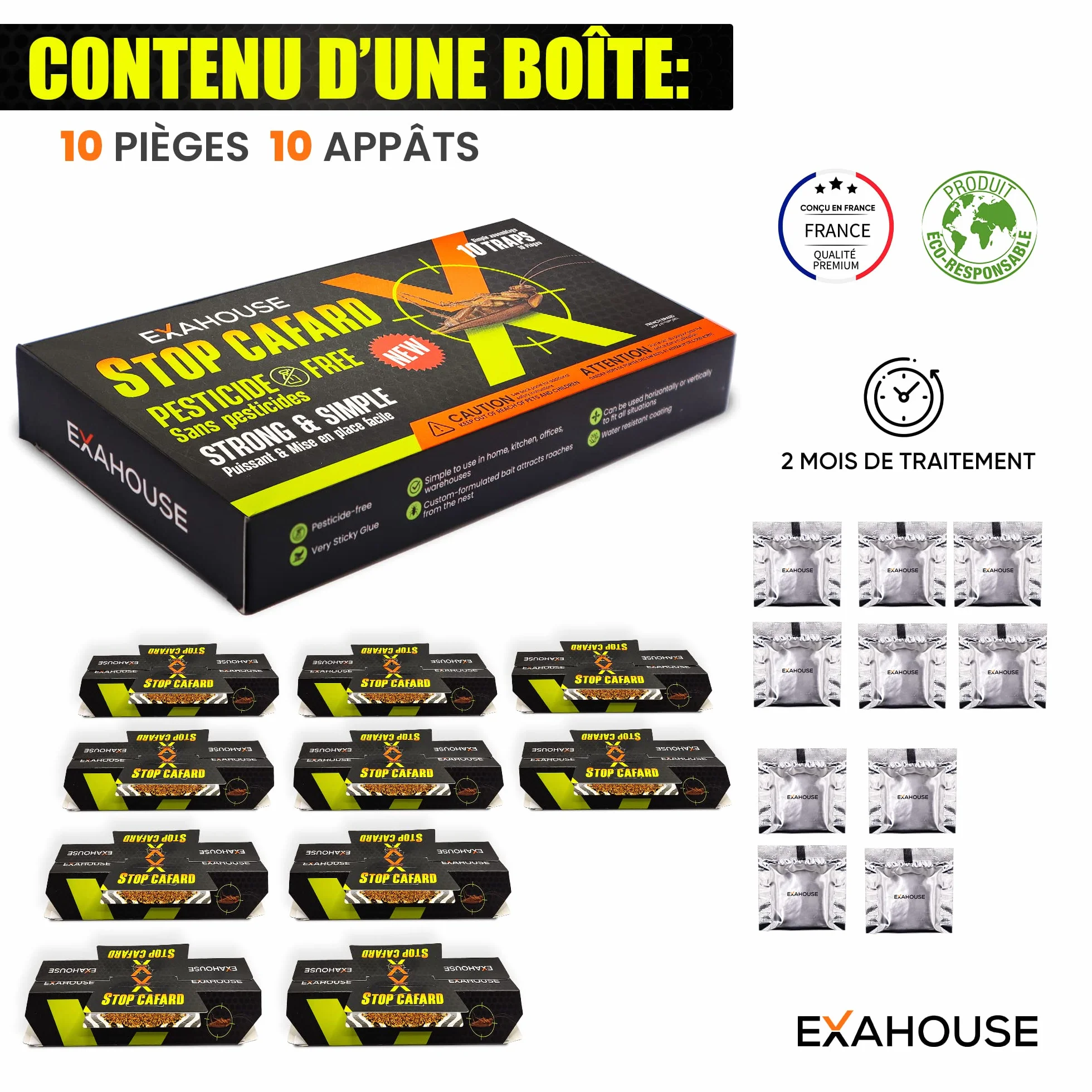ExaHouse 10 Pièges Anti Cafards Puissant Gel et Poudre Appât, Traitement Anti Cafards sans Insecticide
