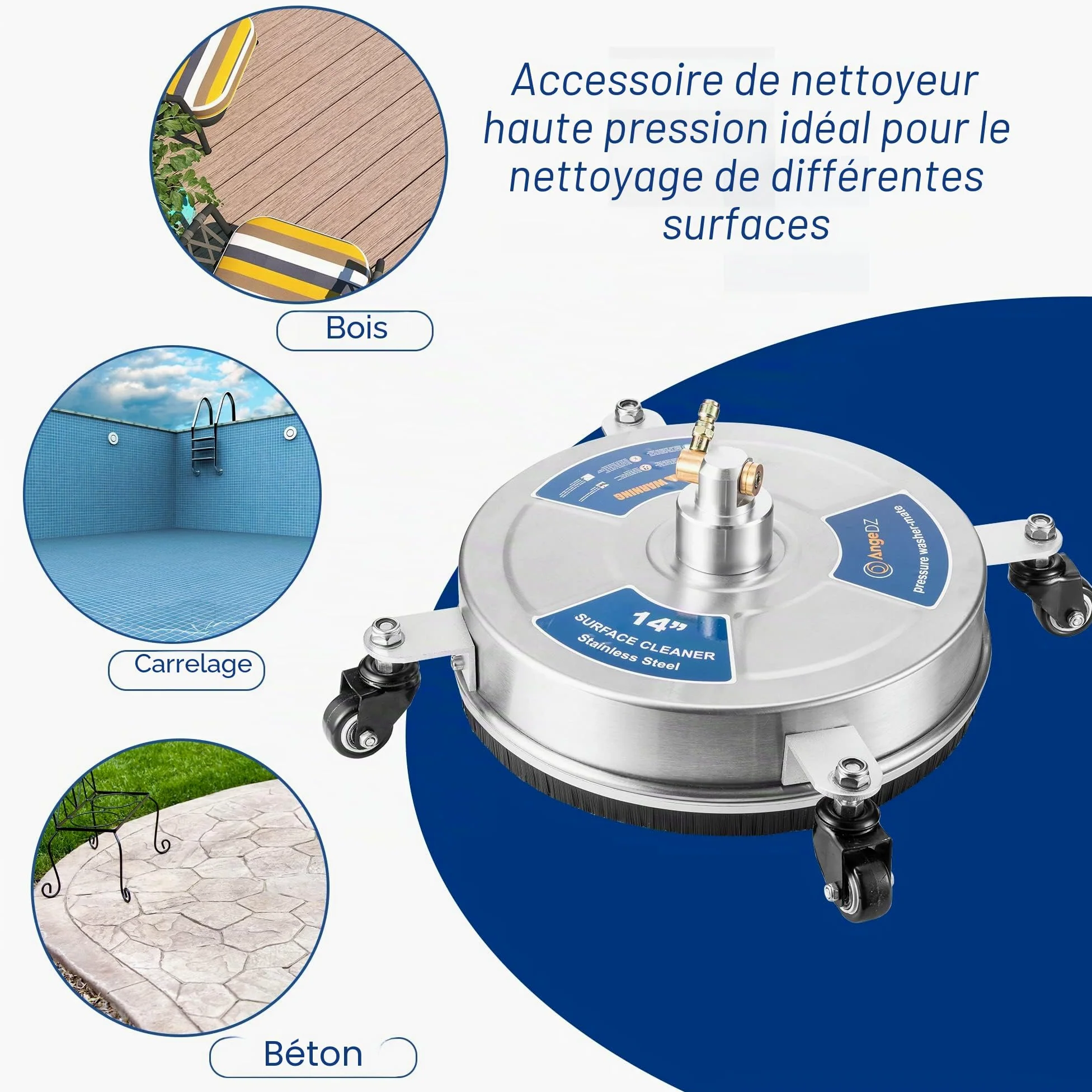 Nettoyeur de Surface pour Nettoyeur Haute Pression de 35,6 cm avec 4 Roues, Prise à Connexion Rapide de 6,35 mm, Fixation de Nettoyeur Haute Pression en Acier Inoxydable Robuste pour allée en