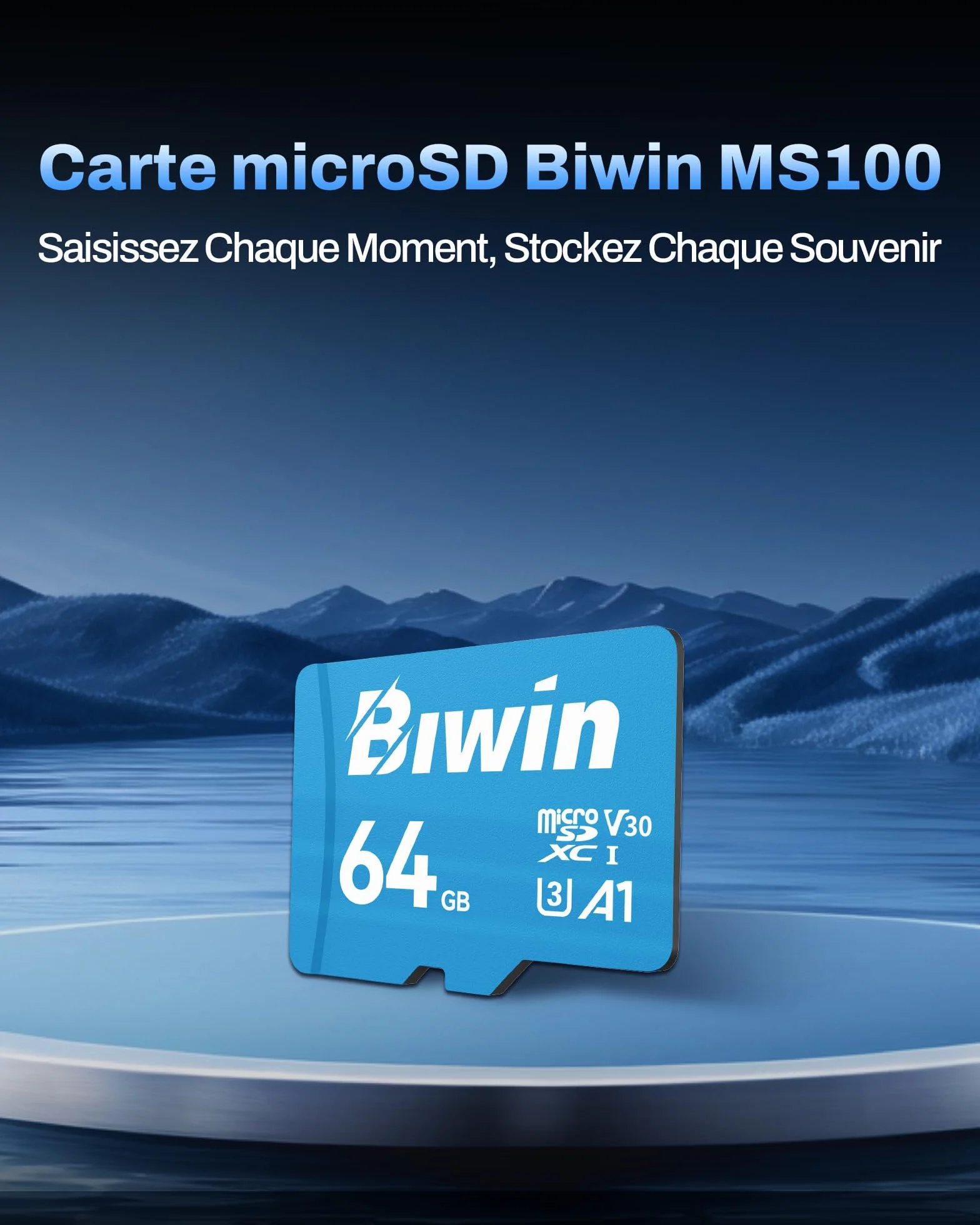 Carte Micro SDXC Biwin MS100 64 Go, MicroSD UHS-I A1 V30 U3 Classe 10, 100 Mo/s
