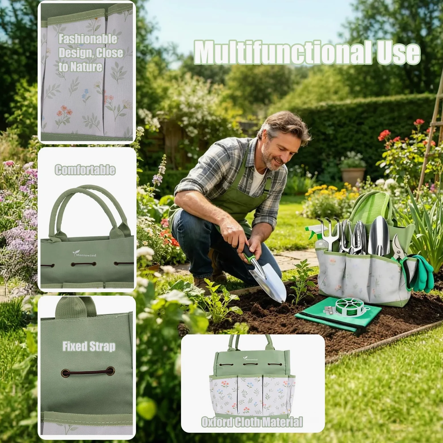 MORROWIND Ensemble D'outils de Jardinage de 13 Pièces avec Sac de Rangement Portable Élégant Et Tablier, Outils Robustes pour L'usage Quotidien du Jardinage Féminin, Vert