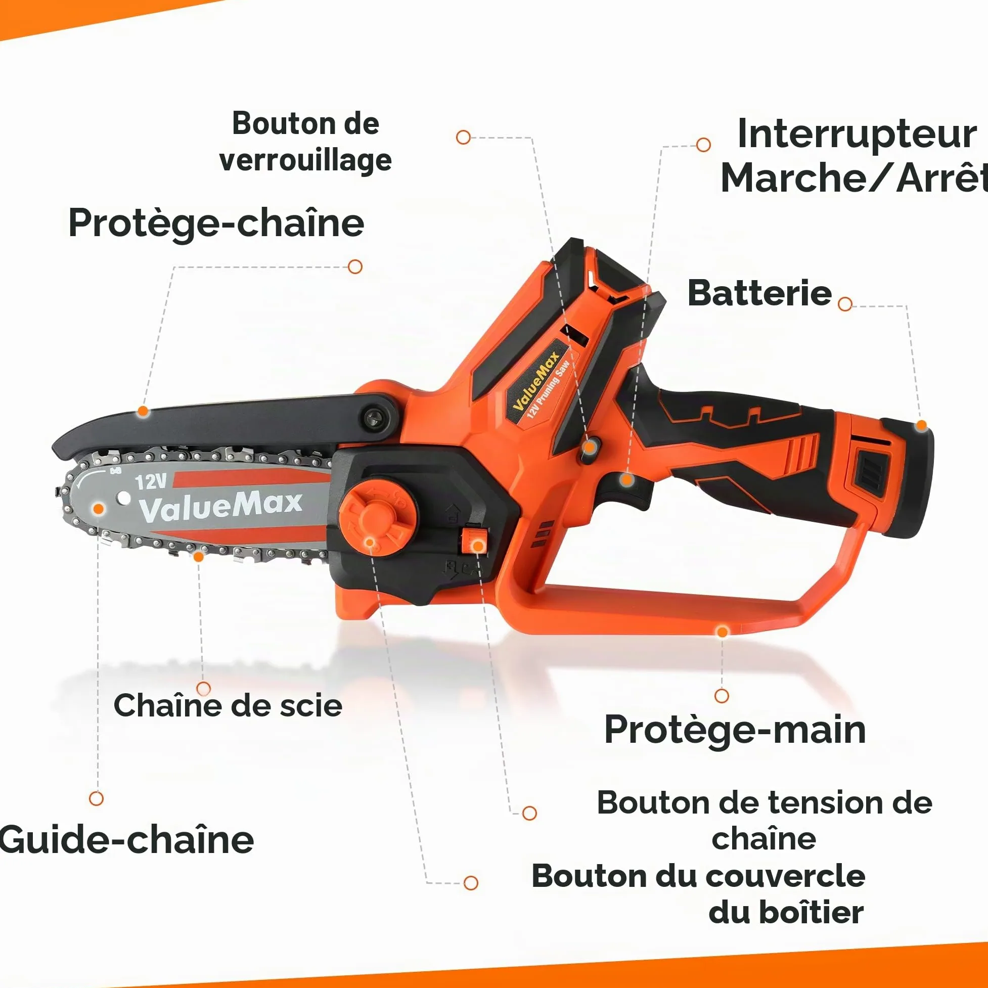 ValueMax Mini Tronconneuse a Batterie 4 Pouces | 12V Tronçonneuse Électrique Sans Fil Portable et 2 * 2000mAh Batteries pour les Branches d'arbres, l'élagage le Jardin
