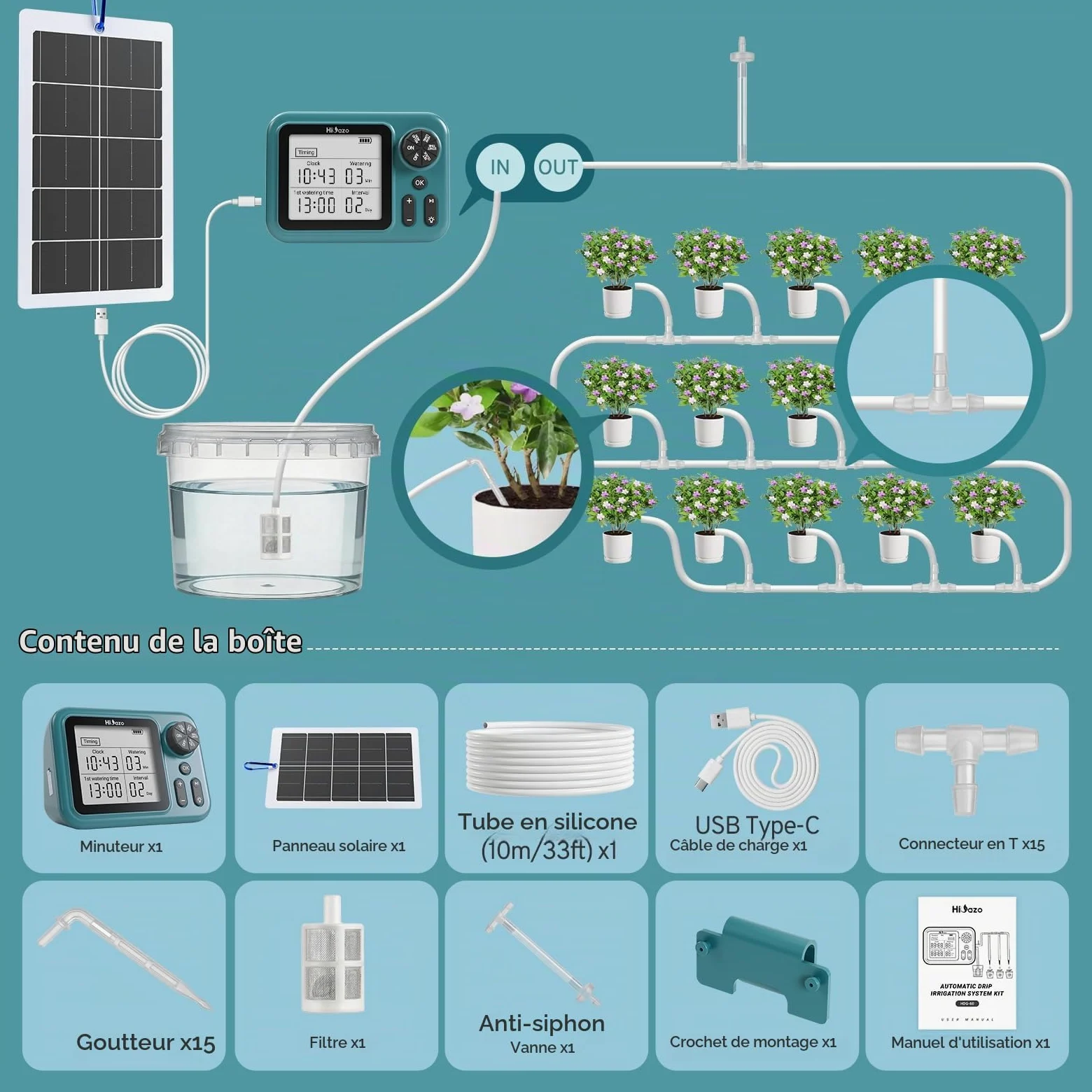 Kit d'Arrosage Goutte à Goutte Automatique Solaire, Programmateur Large Écran 3,5", Irrigation Racinaire Précise pour Jusqu’à 15 Plantes, Pompe 800 ml/min pour balcon et jardin