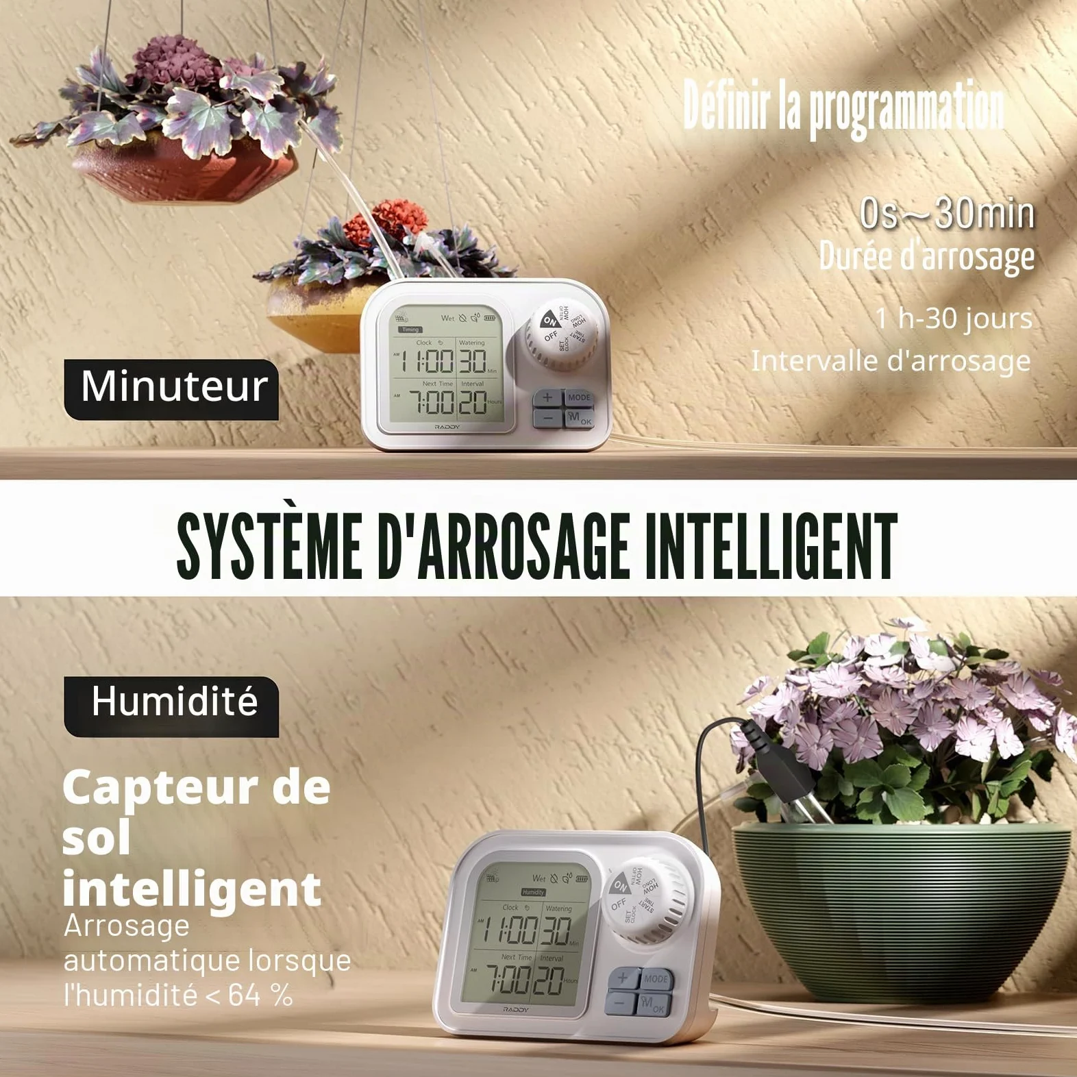 Raddy WS-7 Solaire Kit d'irrigation goutte-à-goutte, Système d'arrosage automatique pour 15 plantes en pot, auto-détection de l'humidité du sol, batterie 2600 mAh, IPX7 pour balcon intérieur/extérieur
