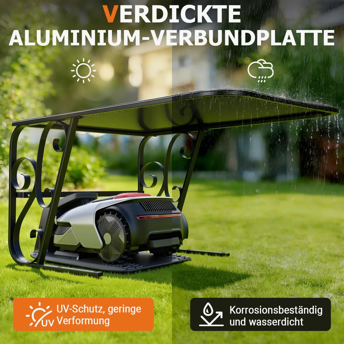 Garage pour robot tondeuse - Abri de protection en panneaux composite d'aluminium et cadre en fer solide - Protection fiable contre la pluie et les rayons UV - 80 x 56 x 43 cm