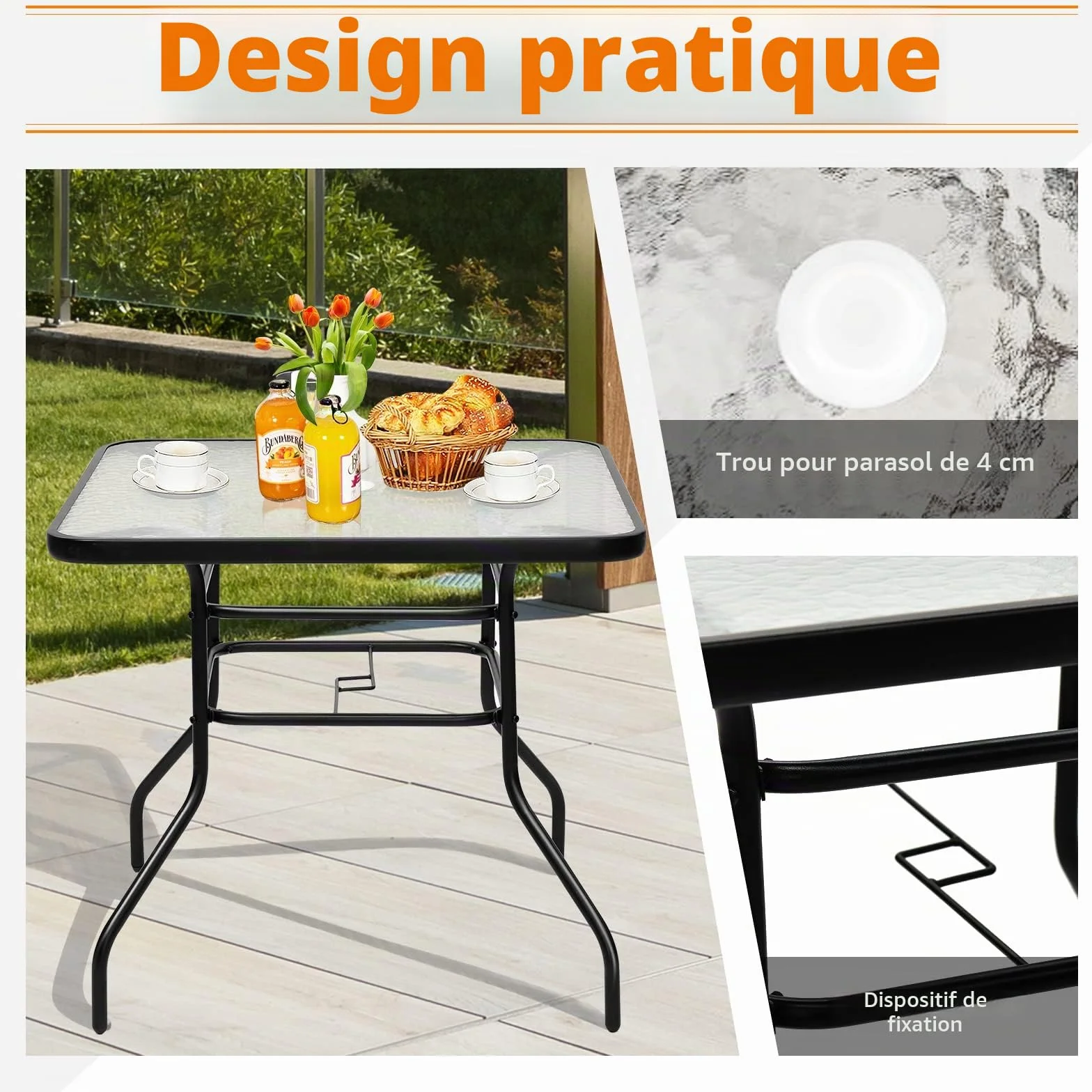 GIANTEX Table de Jardin Carré 81x81 cm Verre Trempé avec Trou de Parasol Métal Laqué