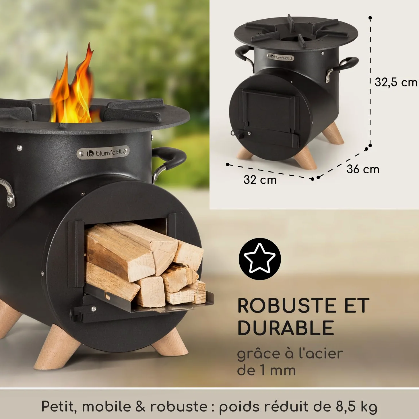 Blumfeldt Brasero Exterieur avec Barbecue Gril pour le Jardin et Terrasse, Brasero BBQ Portable, Bol en Acier, Brasero en forme de L, Foyer Camping, Brûleur à Bois avec Bac à Cendres et Tisonnier