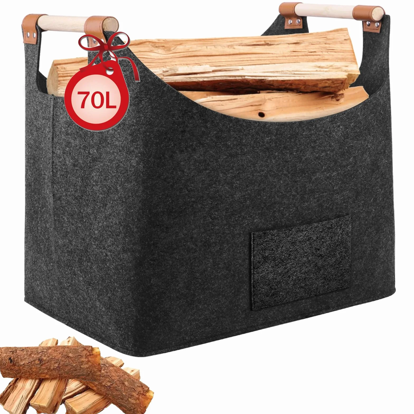 Panier à bûches XXL 70L Feutre Pliable Sac à Bois pour Cheminée 55 x 32 x 40 cm Gris Foncé