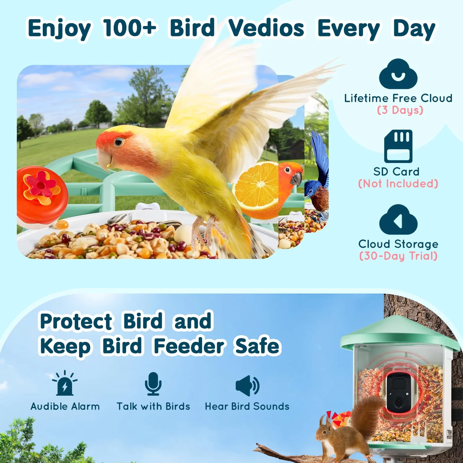 VEVOR Mangeoire Oiseaux Caméra Intelligente 2K HD AI Identifie 10000 Espèces 3 Panneaux Solaires Capture Auto Notification Extérieure Vert