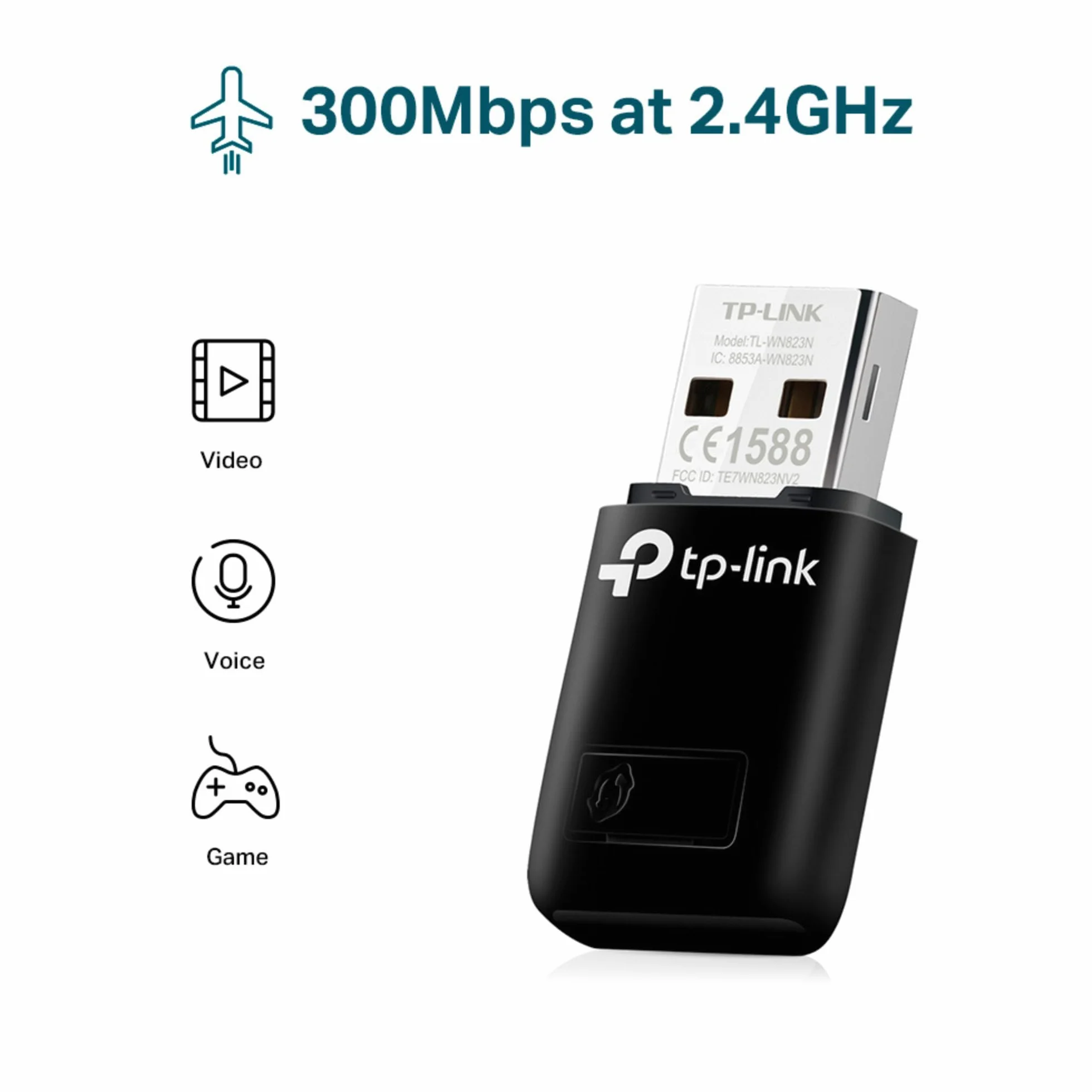 TP-Link TL-WN823N Mini Adaptateur USB WiFi N300 Mbps, Clé WiFi avec Bouton WPS, Compatible Windows 11/10/8.1/8/7/XP, Mac OS, Linux, Noir