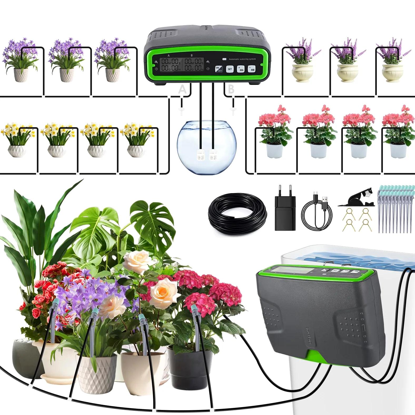 Arrosage automatique intérieur, système d'irrigation avec double pompe, contrôle indépendant, quantité d'eau réglable, kit d'irrigation goutte à goutte DIY pour 20 plantes en pot, idéal comme système