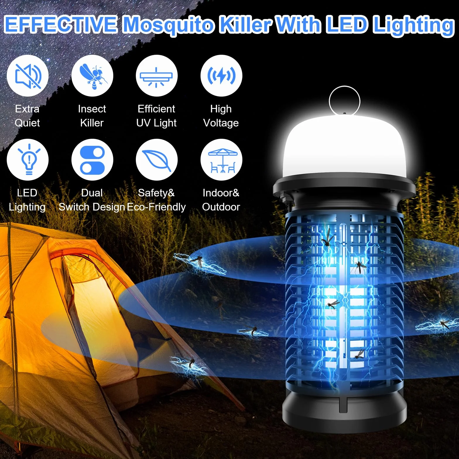 Qoosea Bug Zapper Électrique Tueur de Moustiques 20W Lumière UV Piège à Insectes Intérieur Extérieur